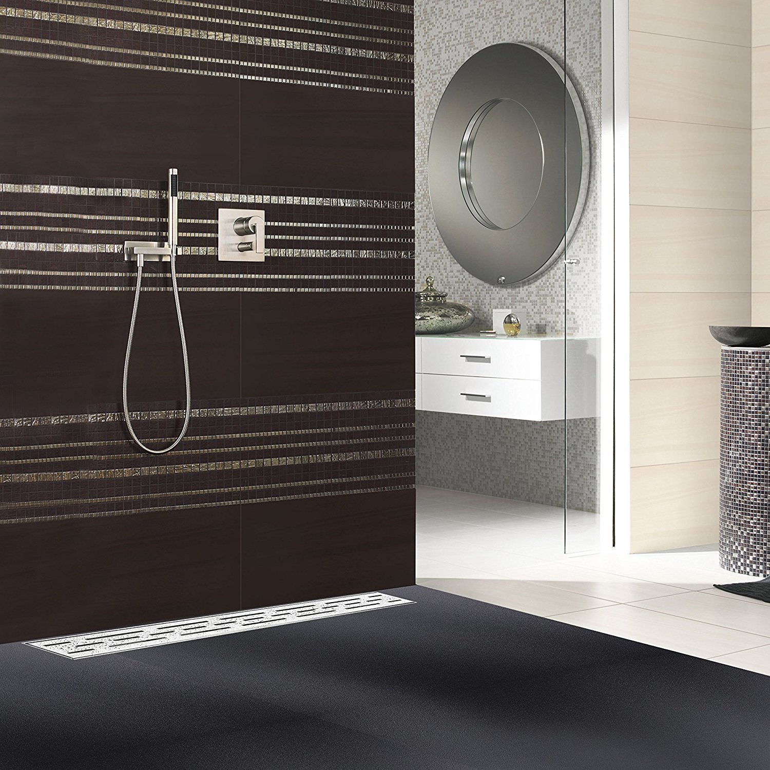 Elbe Canaletta scarico per doccia con griglia a feritoia Canalina doccia in acciaio inox Piletta Drenaggio con flangia perimetrale 70 cm RN-K070A