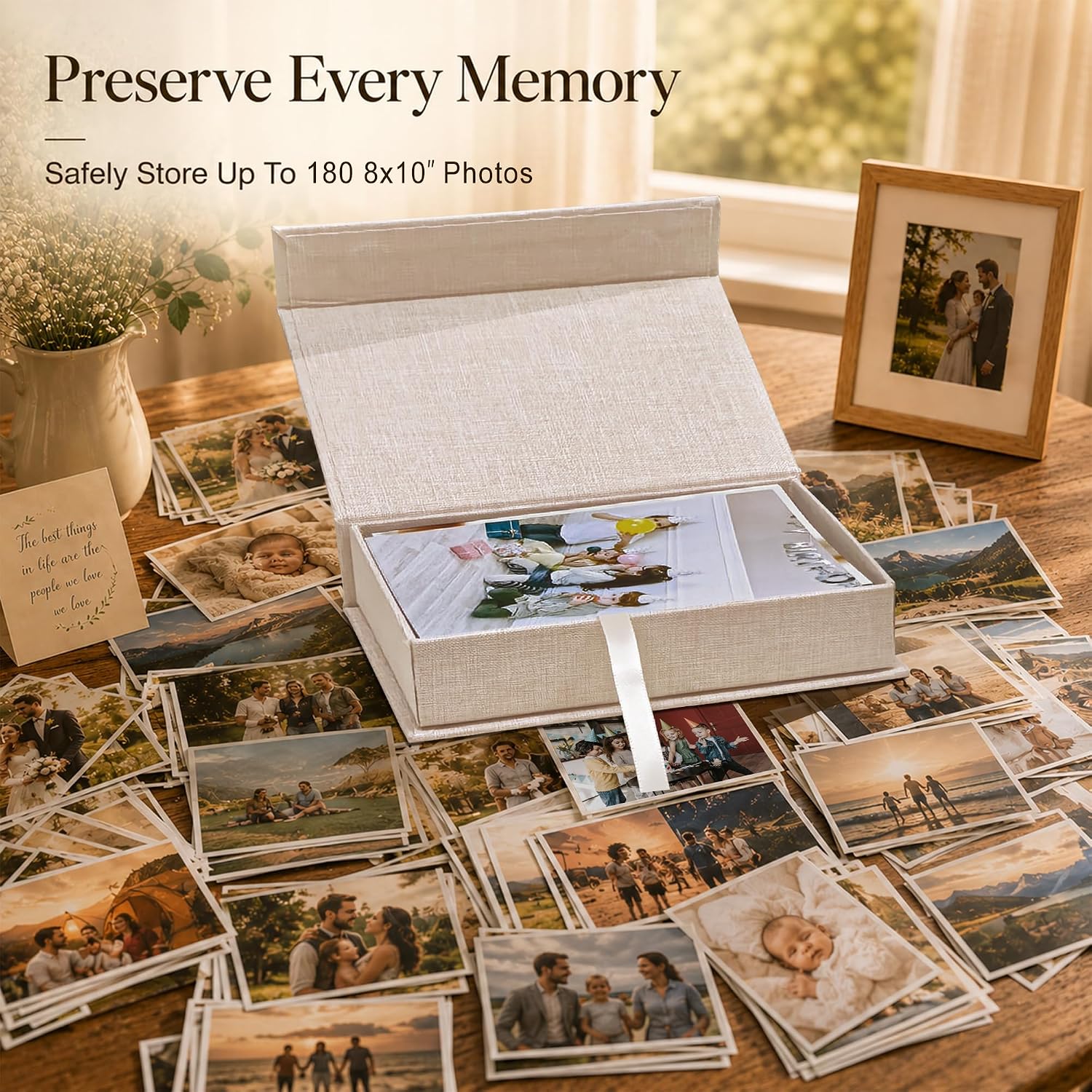 Photo Storage Box for 8x10 Photos, Acid-Free Archival Organizer Box with Lid, Linen Memory Keepsake Box for Pictures, Postcards, Invoice & Scrapbooking Supplies, Beige