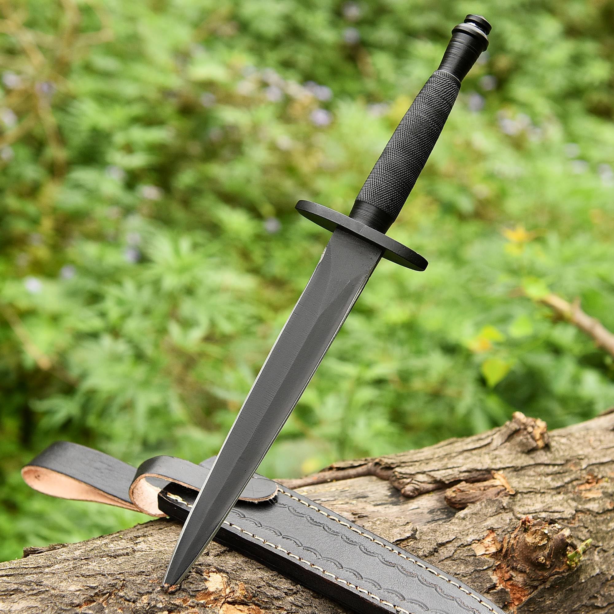 Sykes Fairbairn US Army Double-Edged V42 Military Best Dagger Knife WWII Collectible knives With Leather Sheath (Black Steel)