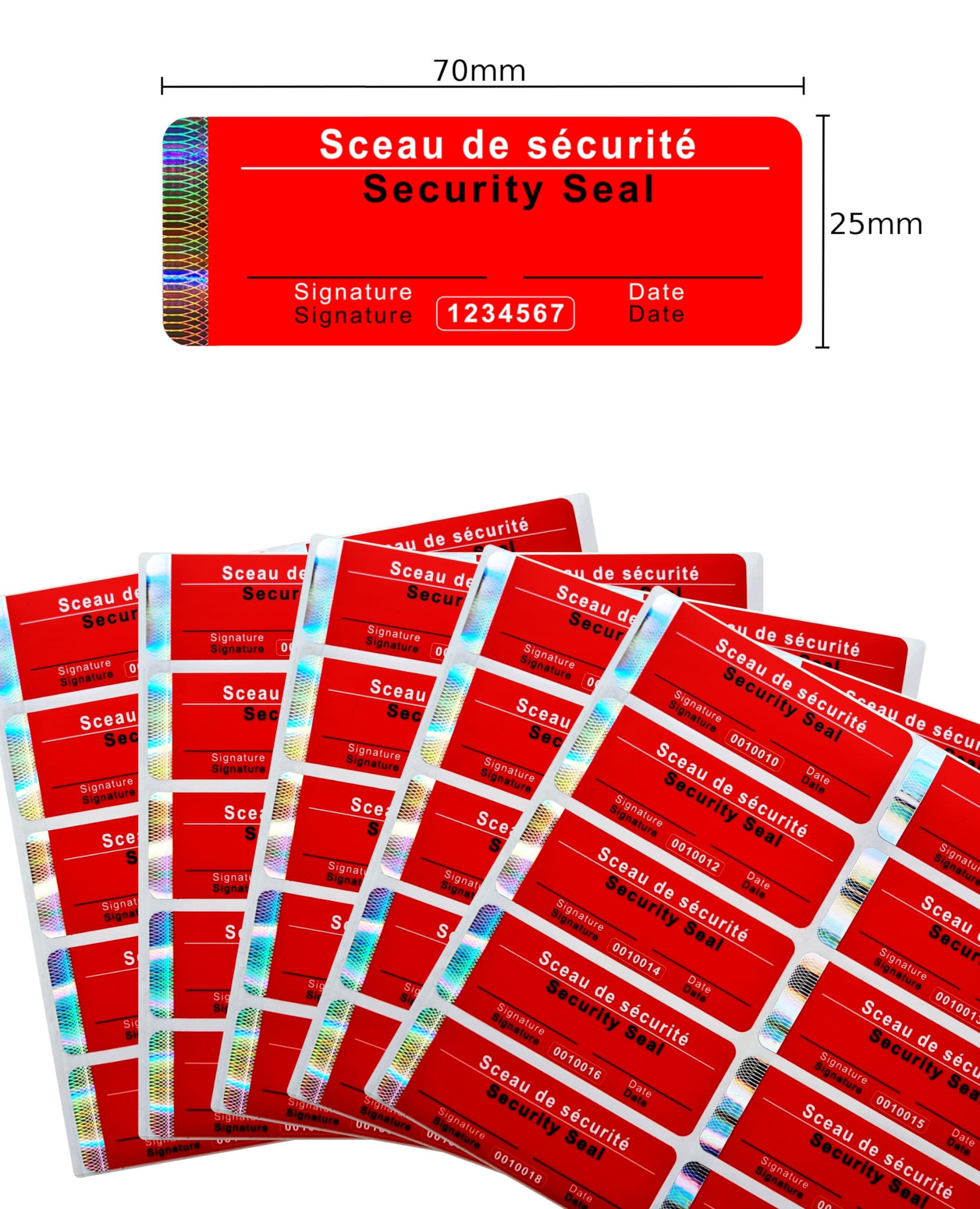1000 pezzi - Sigillo di sicurezza con numero di serie, 70 x 25 mm, rosso, scrivibile, adesivi di sicurezza, sigilli, etichette di sicurezza, etichette di sicurezza, etichette autoadesive, sigillo di