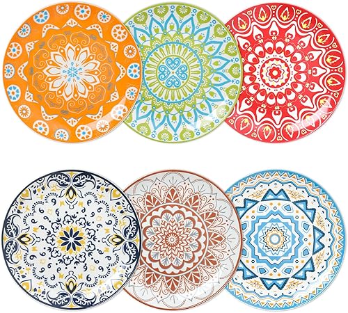 HAPPY KIT 6 platos llanos de cerámica, platos de ensalada coloridos de 6 Platos de postre de porcelana de 8 pulgadas para ensalada y pasta, apto