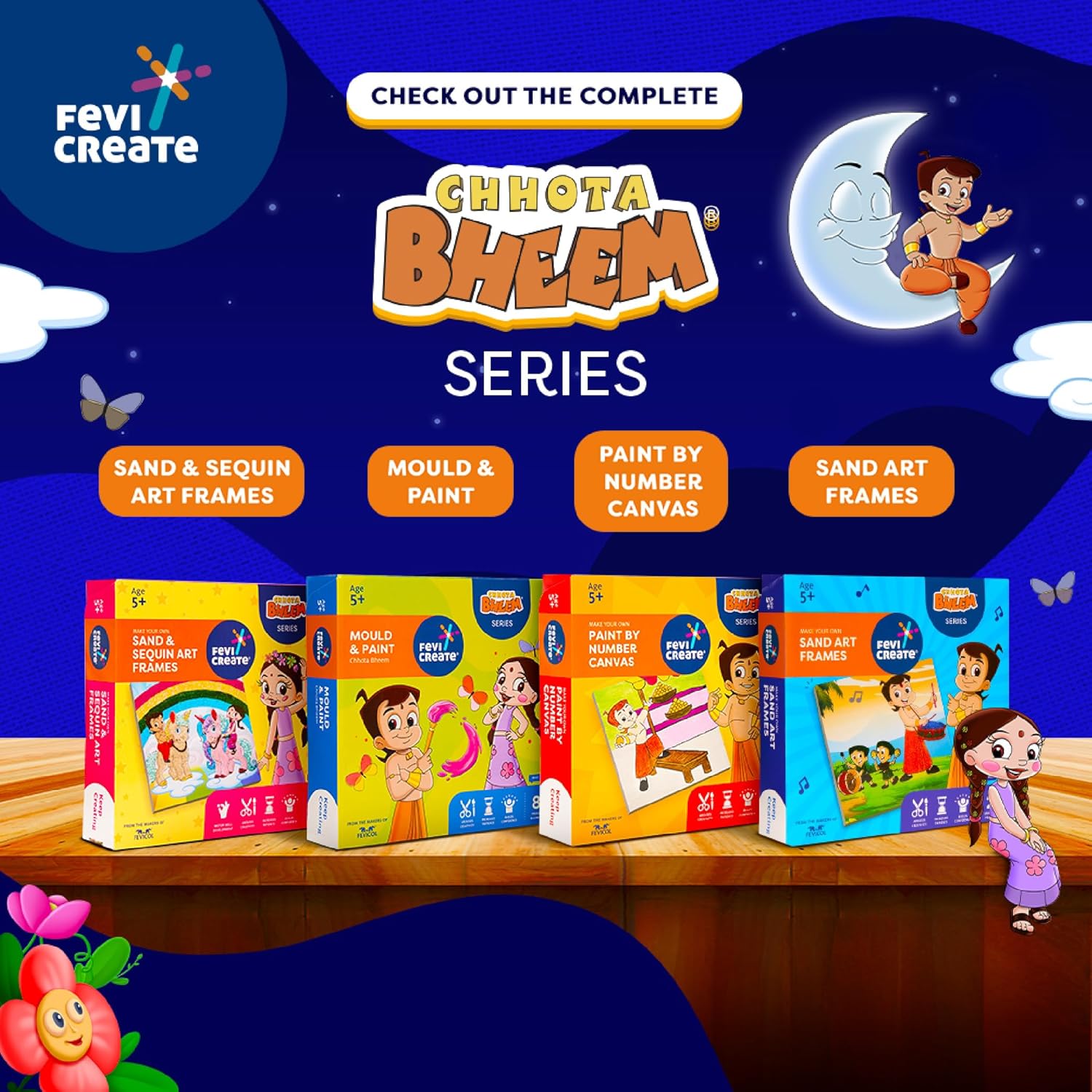 Fevicreate Paint by Numbers Chhota Bheem and Chutki Art kit, Ideal Gift for Kids Age 5+ Years, Includes 2 Pre-Printed Canvas Frames, Rangeela Colours, Instruction Manual