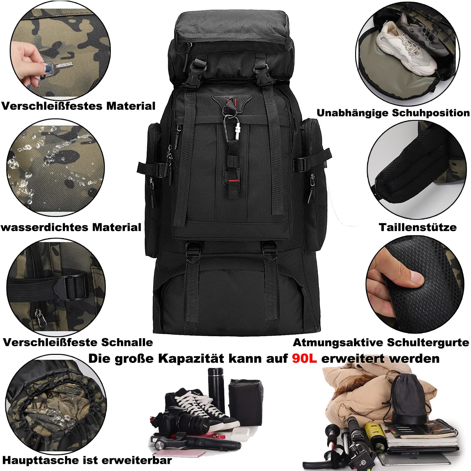 A-QMZL Sac à dos de randonnée 80L, Sacs de randonnée pour l'alpinisme, Sac de voyage imperméable pour la randonnée, le camping et le tourisme pour homme et femme, Noir , L