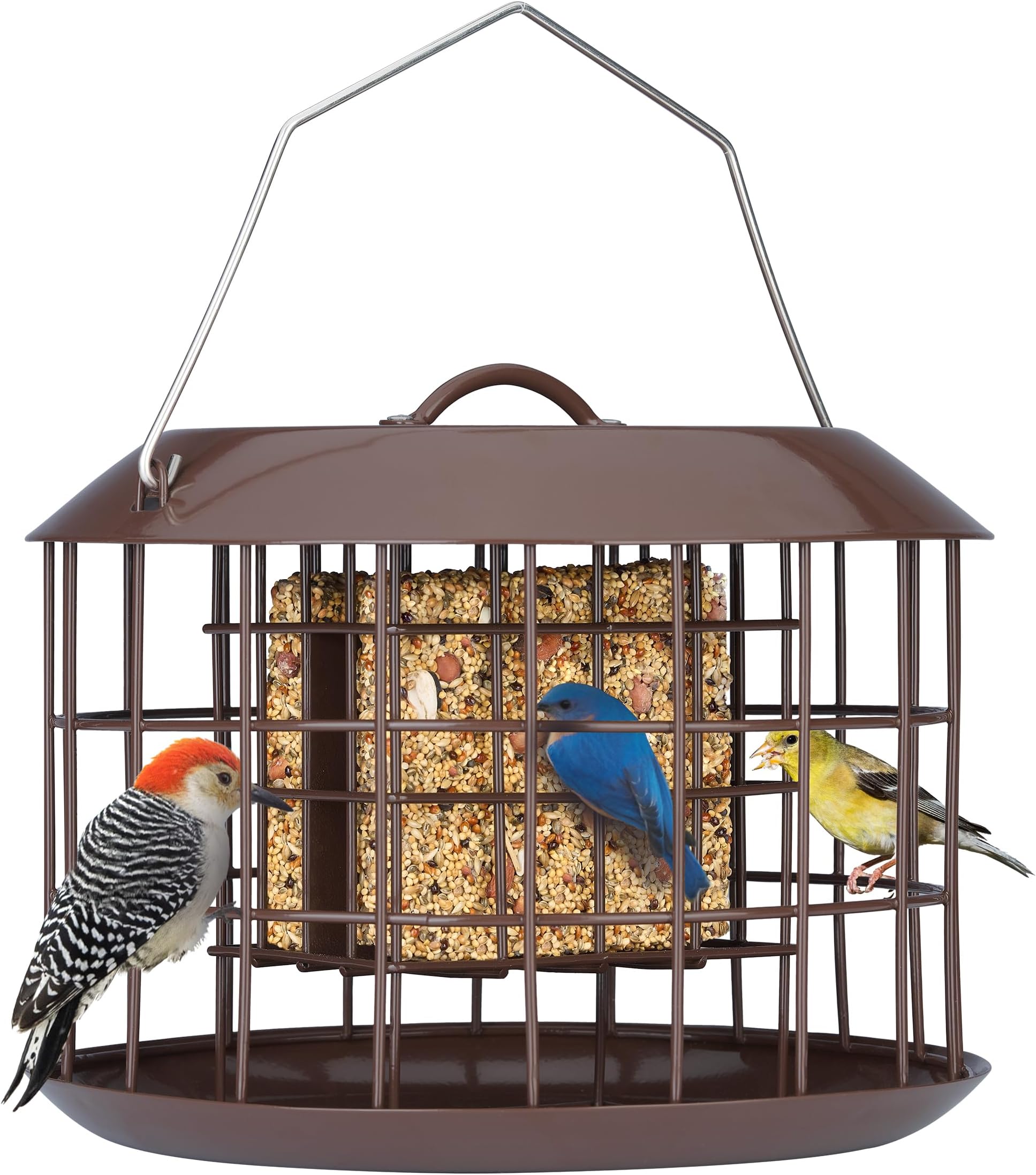 Kingsyard Squirrel Proof Double Suet Feeder, Caged Bird Feeder for Outside, All Metal, Durable & Weatherproof, Brown