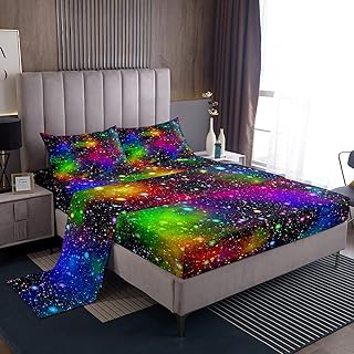 Homewish Galaxy Bed Sheets Queen Size Colorful Starry Sky Bed Sheet Set 4pcs Outer Space Sheet Set with Deep Pocket Fitted Sheet + Flat Sheet + 2 Pillowcases Microfiber Bedding