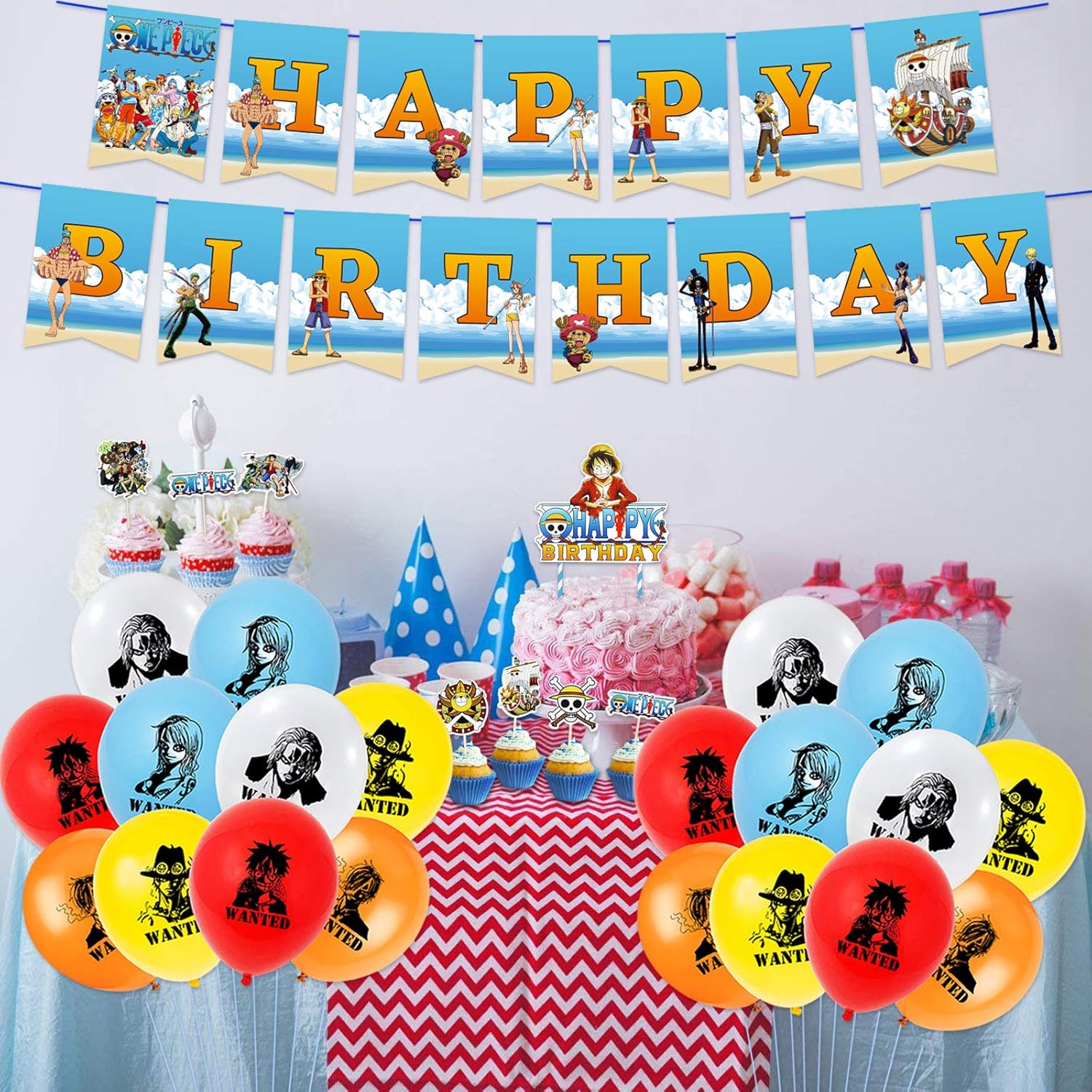 Buy 46pcs One Piece Birthday Party Decorations Manga Theme Party Supplies Anime Gifts Set With Happy Birthday Banner 1pc Cupcake Toppers 24pcs Balloon pcs Cake Topper 1pc For Kids Online At Lowest