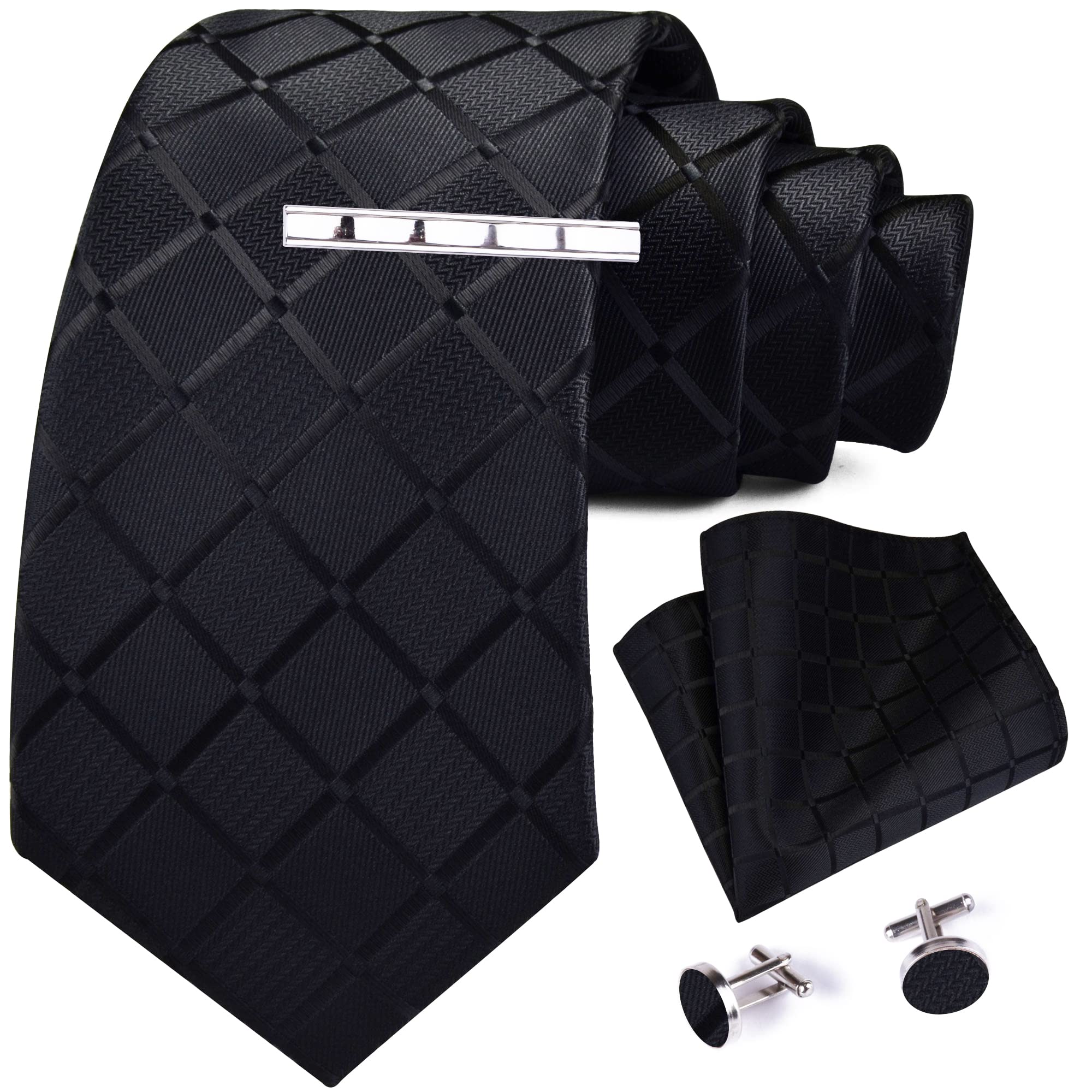 GUSLESON 3.15"(8cm) Men's Tie Fashion Necktie Clip and Pocket Square Cufflinks Sets