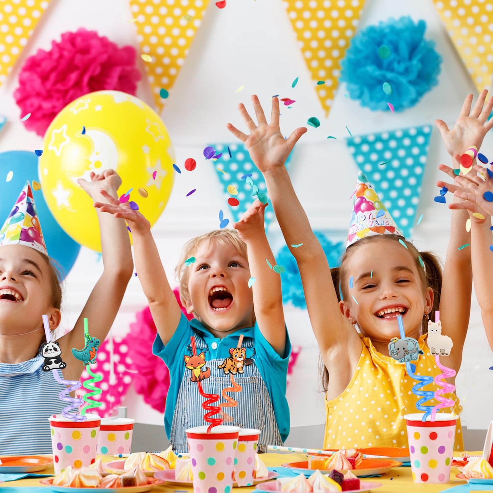 Pajitas Reutilizables Niños 12 Piezas Animales Pajitas, Pajitas Plástico, Gafas Pajita para Beber, Pajitas Fiesta En Espiral, Para Leche, Jugos, Cócteles Decoración de La Fiesta de Cumpleaños