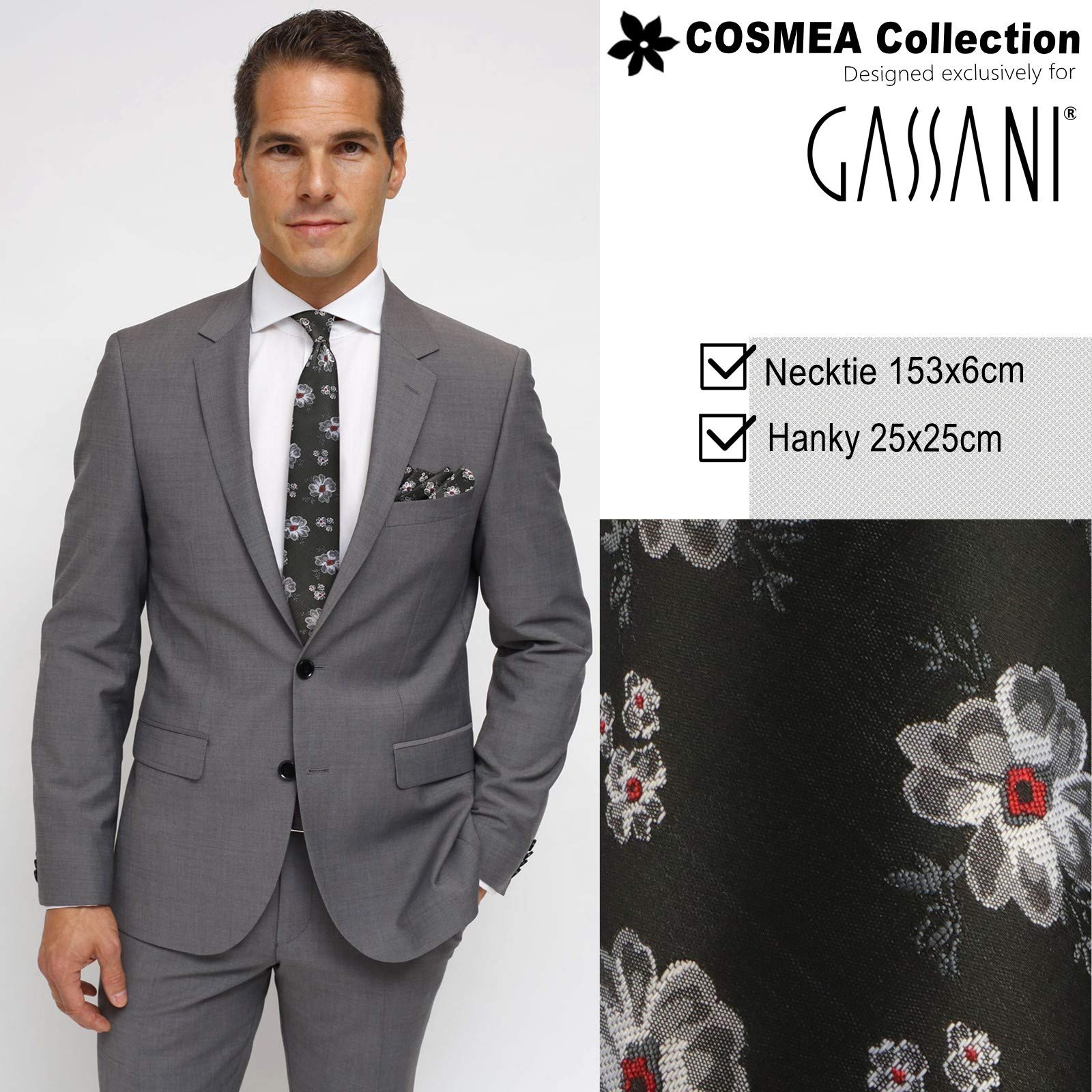 GASSANI Set Cravatta Uomo Sottile Con Fantasia Floreale, Lunghezza Extra, Larghezza Slim 6 Cm, Con Pochette Fazzoletto - 6 Colori Satinati