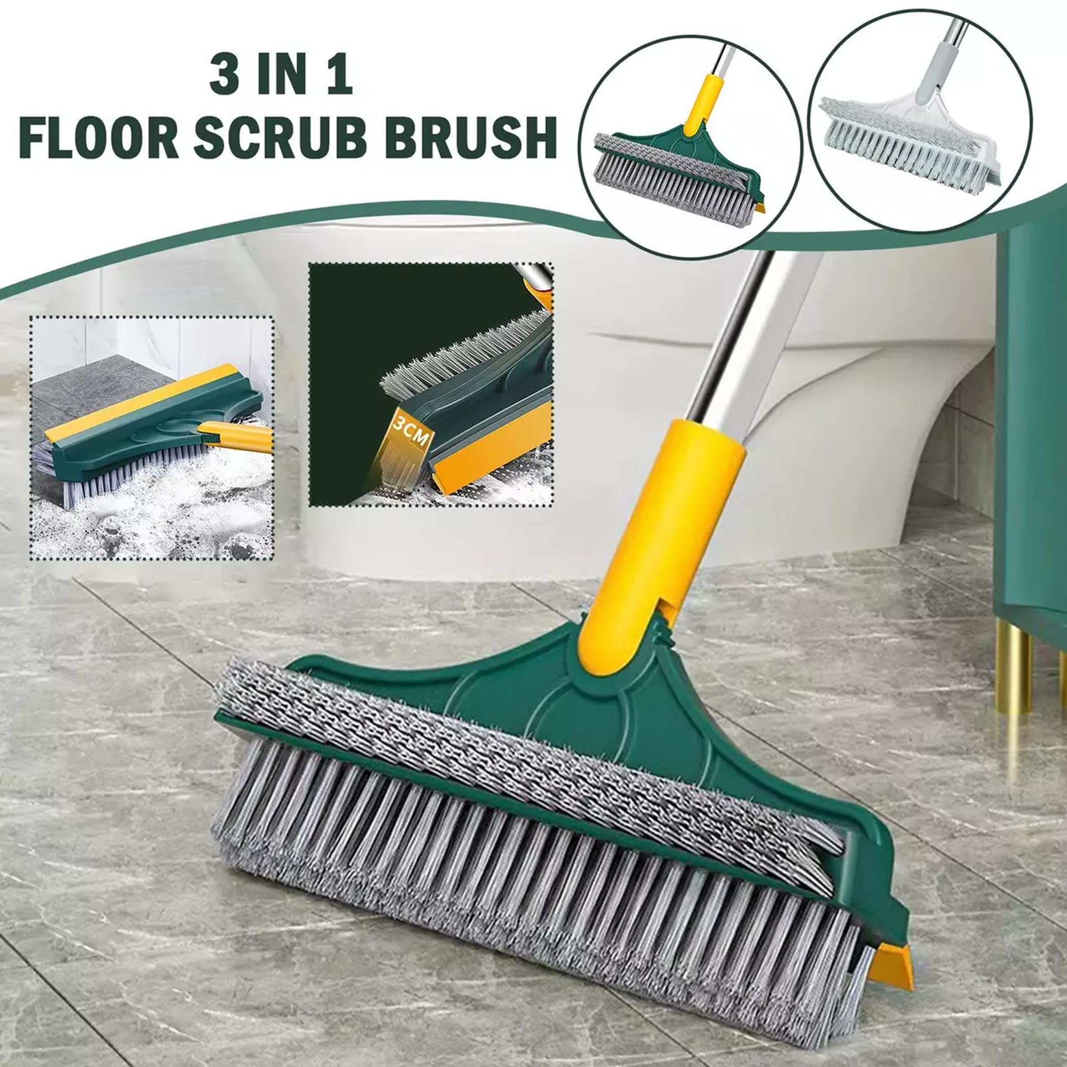 RutviRoshan 3 in 1 Cleaning Scrub Brush Grout Brush Scrape Floor Scrub Brush with Long Handle V-Shape Stiff Bristle Brush Scrubber with Squeegee 1