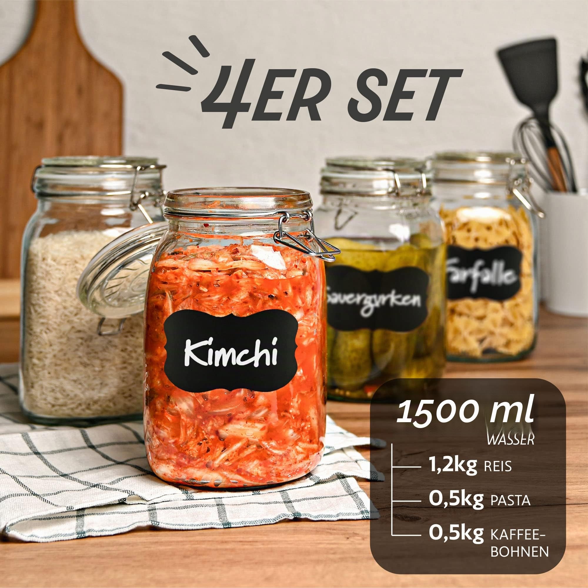 Praknu 8 Einmachgläser mit Bügelverschluss 1,5l - Mit Etiketten, Stift und extra Silikondichtungen - Platzsparend durch eckige Form - Spülmaschinenfest