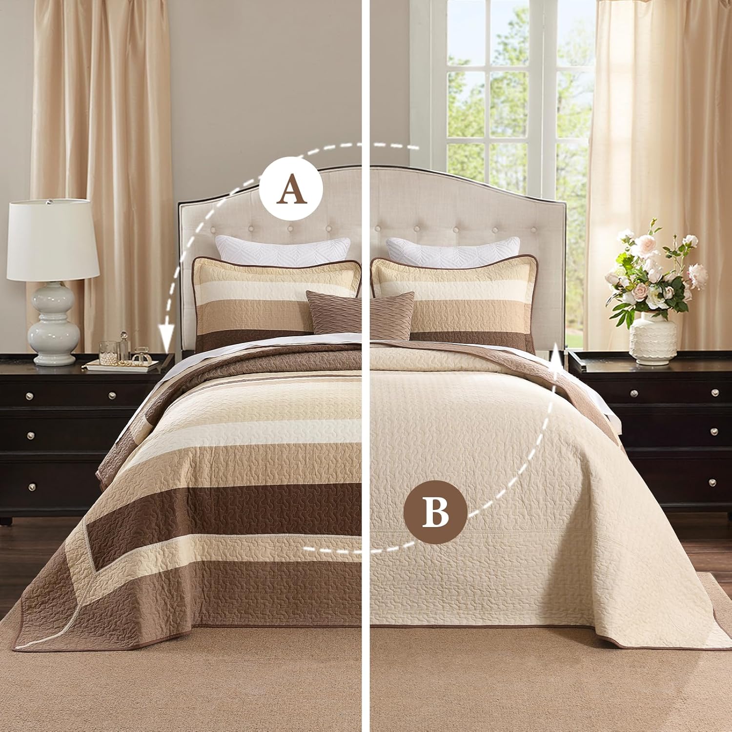 SahSahCasa 128"x120" 100% Cotton Oversized California King XL Bedspread Coverlet Quilt Set, Cal King Quilted Striped Bedspread Extra Large Quilt, Bed Spread Lightweight Comforter, Brown/Beige