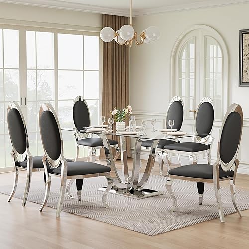 Miniatura 18 de Juego de mesa de comedor de cristal de 70 pulgadas para 6, moderna mesa de cocina de vidrio de 7 piezas y 6 sillas tapizadas de terciopelo, juego