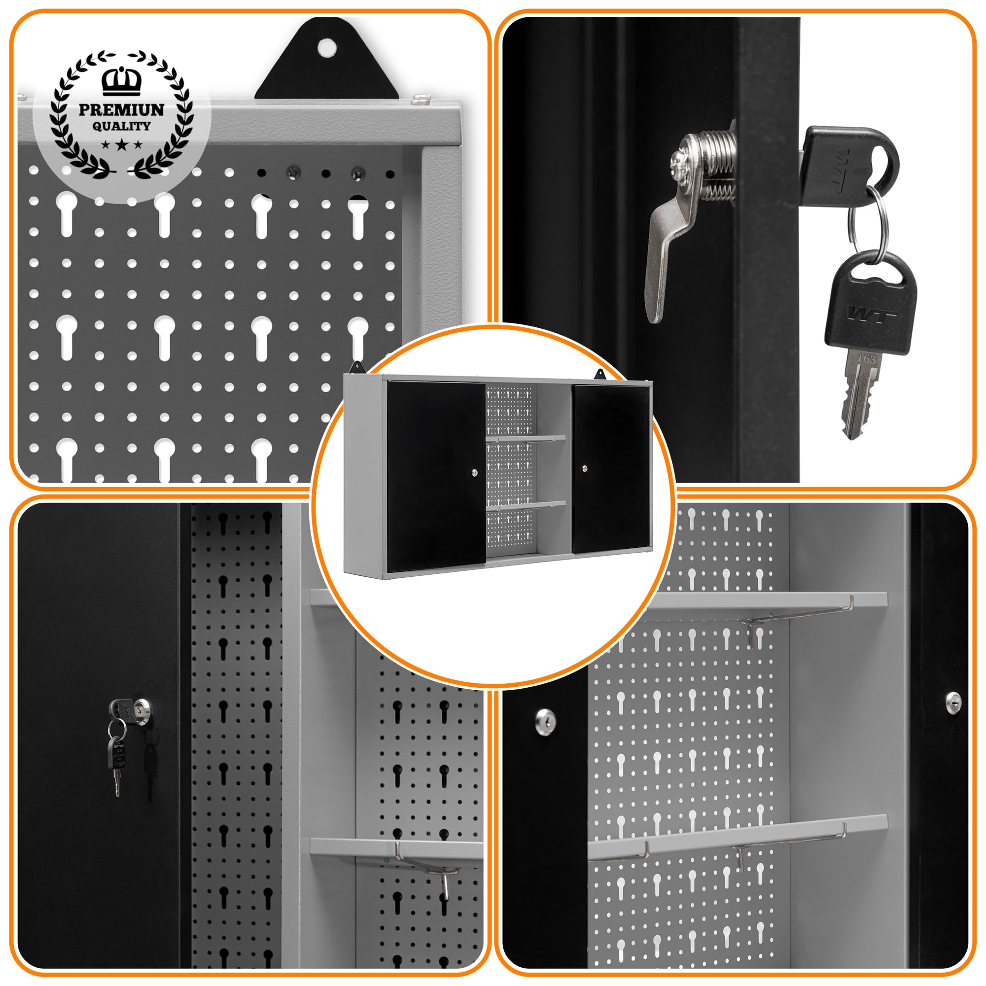 METALL MÖBELL WORKBENCH & TOOLS METALLMOBELL - Armario Metalico de Pared | 120x60x20cm, con Estanterías, Panel Herramientas y Cerradura | Armario Almacenaje, Mueble Almacenaje MB03G