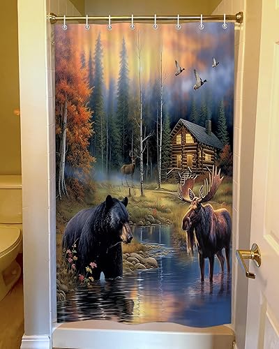 Miniatura 10 de Sanzugh Cortina de ducha rústica de oso, juego de cortinas de ducha de tela de alce y ciervos para baño, decoración de lago, casa de campo, pato con