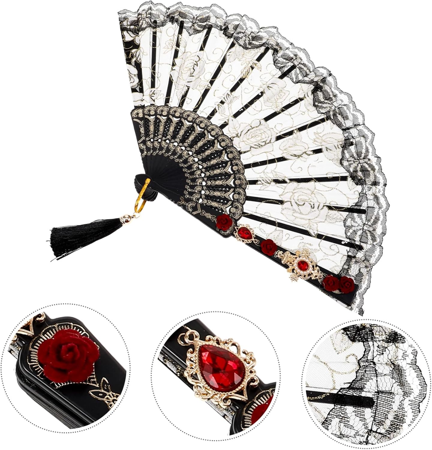 Folding Fan with Red Diamond Cross and Tassel Vintage Black image 3