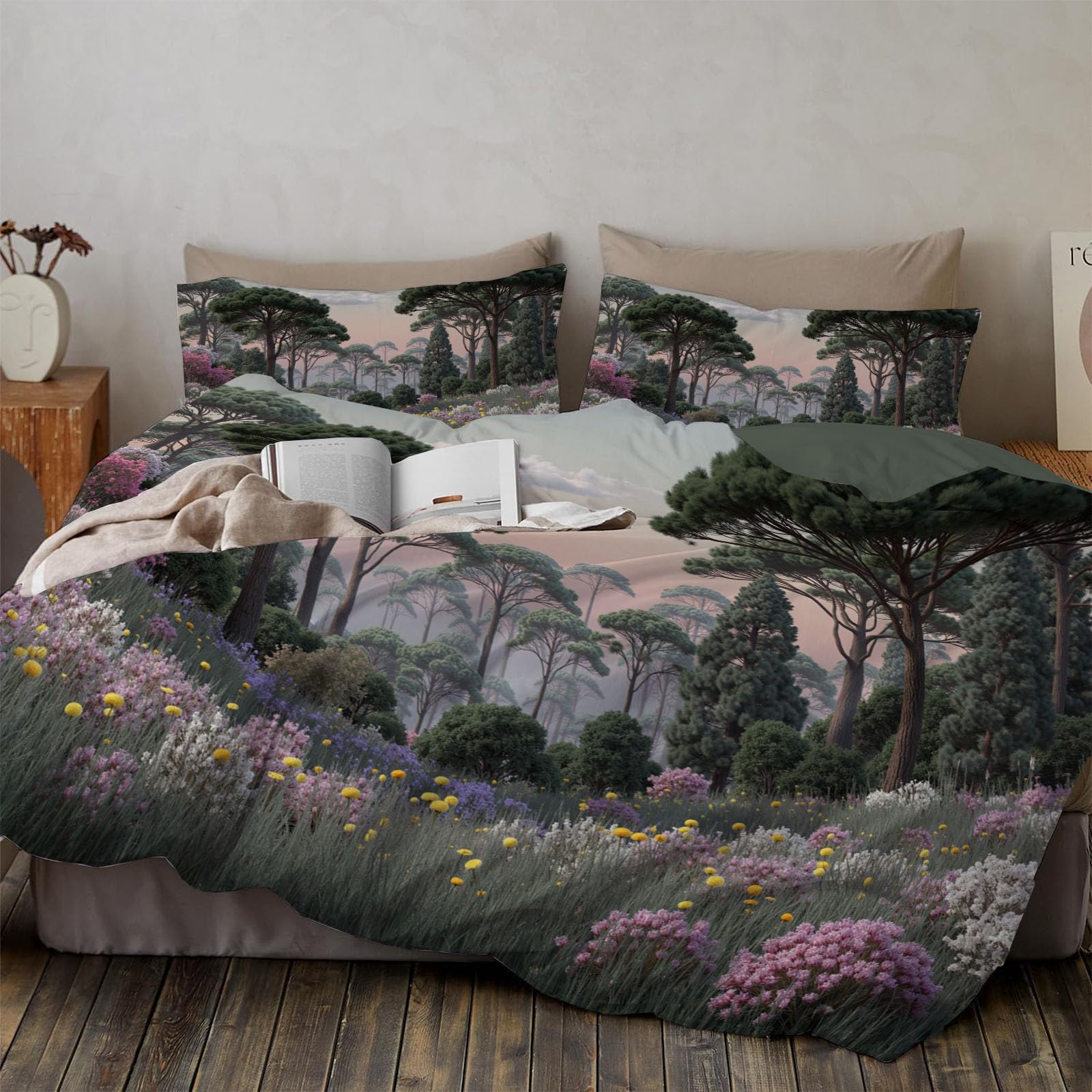 Parure de lit verte 240x260 pour chambre parentale housse de couette style campagne chic forêt