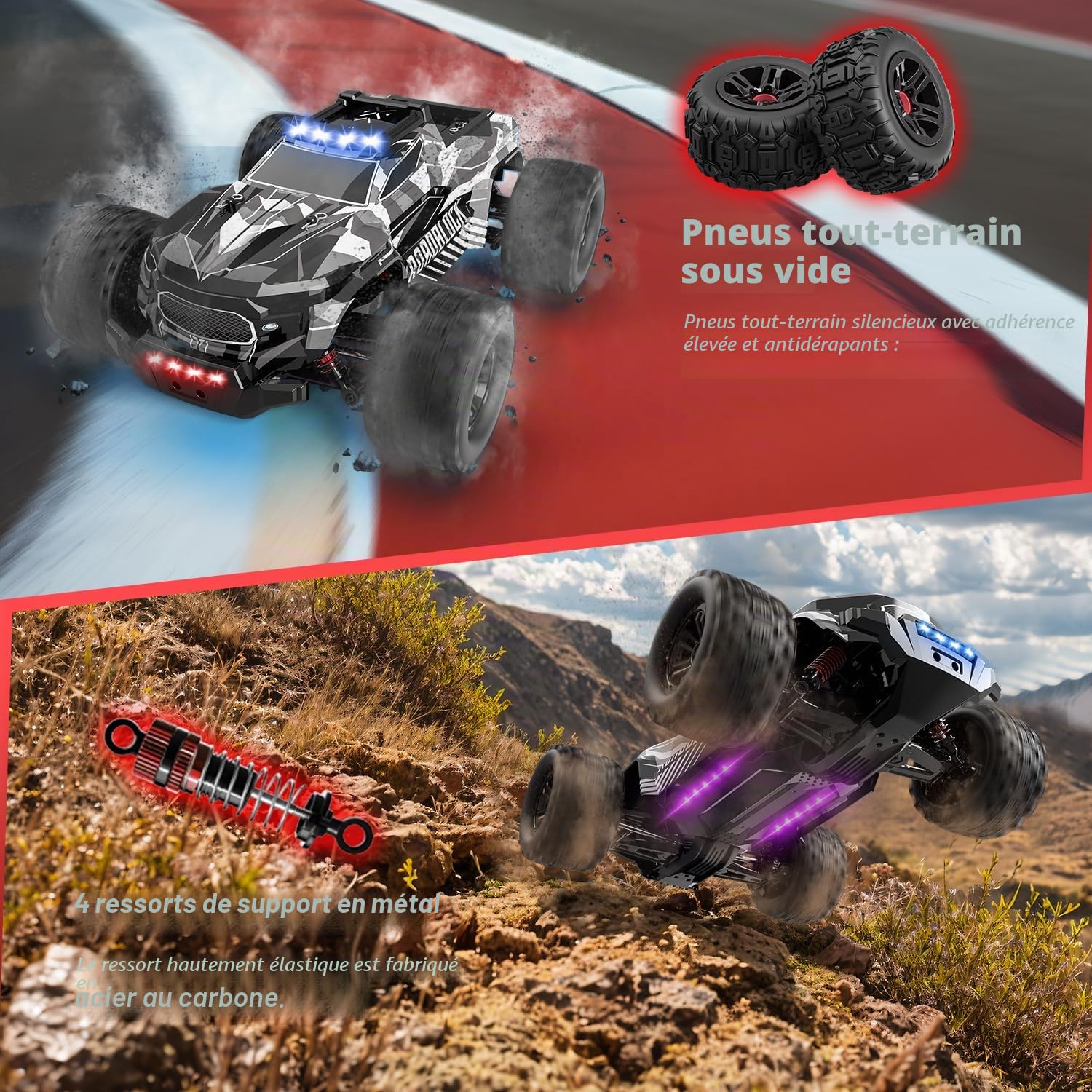 Voiture télécommandée 1/14 RC avec 7 lumières de couleur, 40 km/h, camion monstertruck Rc Truck, 2,4 GHz RC avec deux piles, 4WD étanche RTR tout terrain, poussette RC pour enfants et adultes