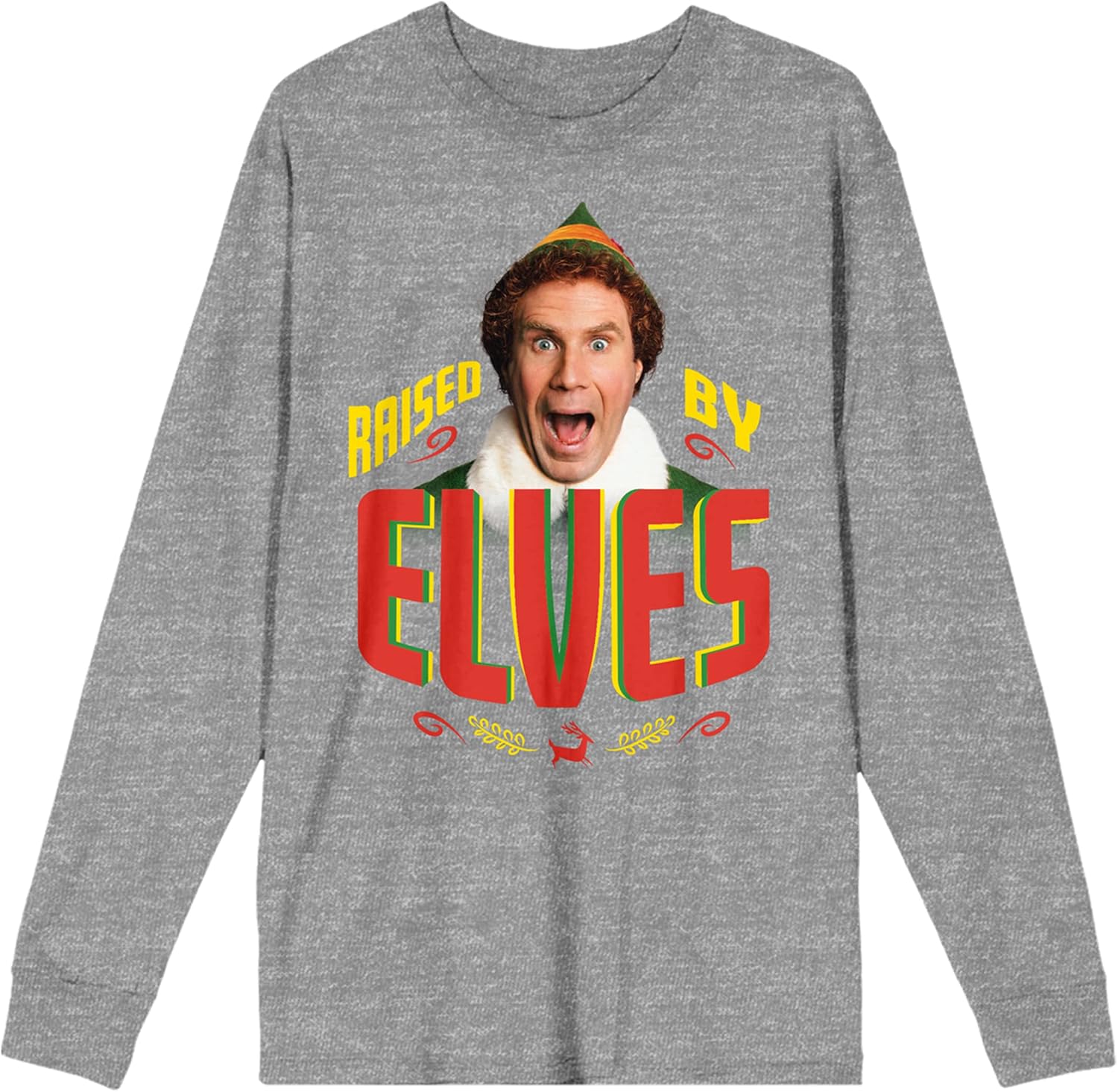 Elf Movie Buddy Raised By Elves Women's Heather Gray Long Sleeve Crew Neck Tee