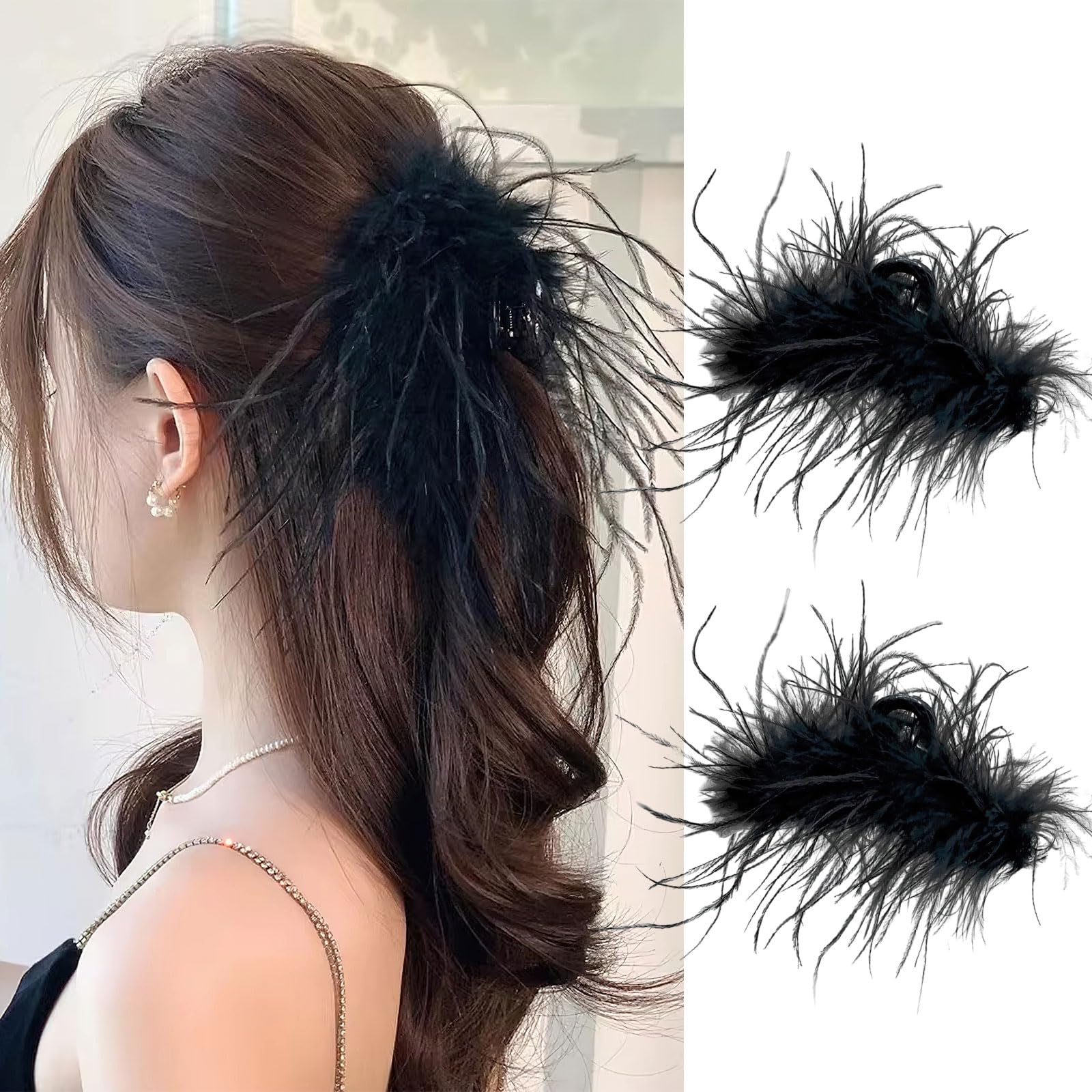 2 Pcs Black Feather Hair Clip, Ostrich Fluffy Fur Claw Jaw Clips Strong Acrylic Hair Grip Clamps Ponytail Shark Clip for Women Halloween Carnival