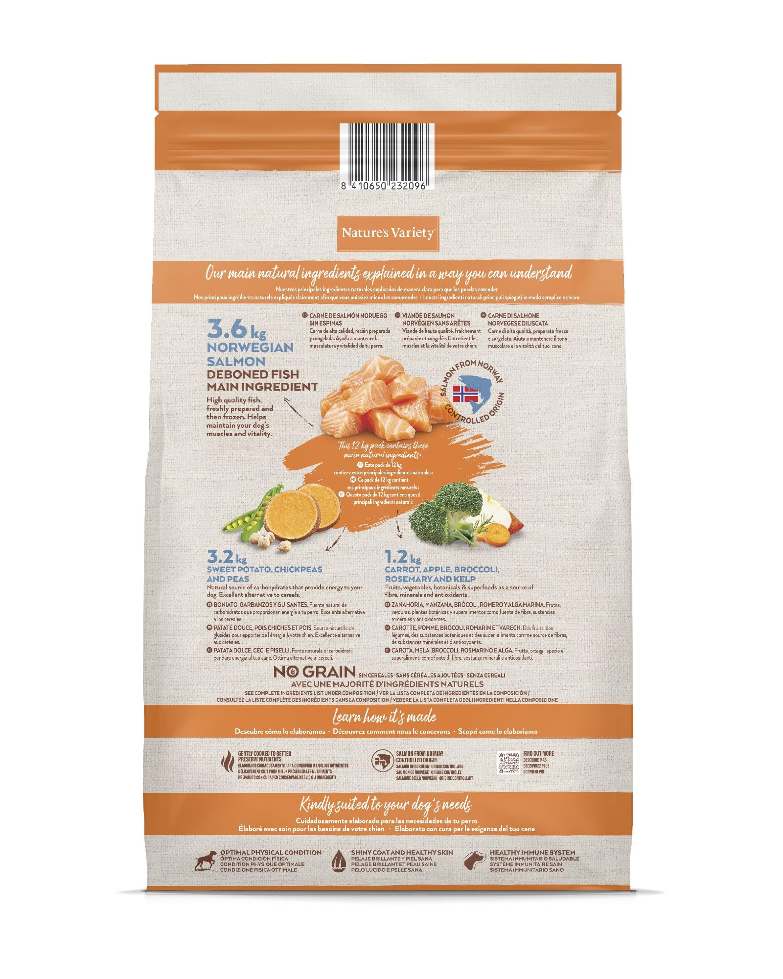 Nature's Variety Selected, Pienso para Perros Adultos Medianos y grandes, Sin cereales, con Salmón noruego sin espinas, 12kg