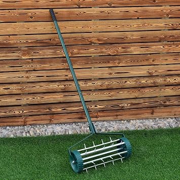FANTASK Rolling Lawn Aerator, 18" Rotary Push Tine Spike Soil Lawn Aerator Gardening Tool with 3-Piece Long Steel Handle for Garden Yard, Grass Aerator