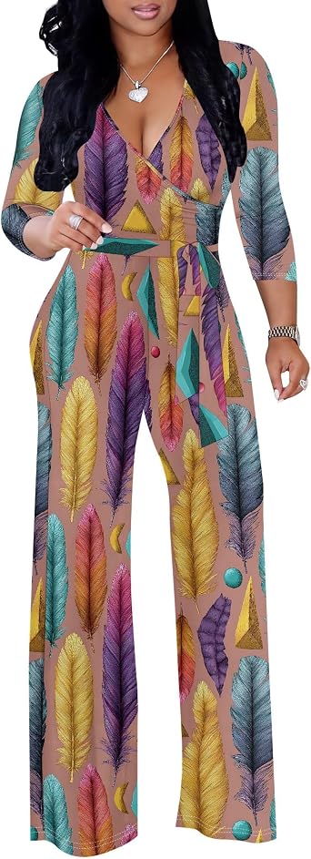 Jumpsuits for Women Sexy Formal 3/4 Sleeve V neck Straight Pants Fall Elegant Rompers Jumpsuit with Belt Pockets