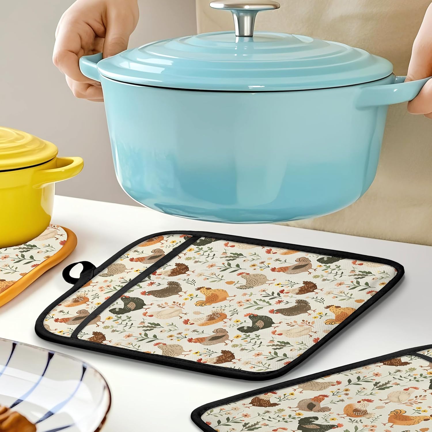 Chicken Gifts Oven Mitts Set, Chicken Gifts for Lovers Women, Farmhouse Floral Heat Resistant Kitchen Oven Gloves for Baking and Cooking,Pot Holders - Image 6