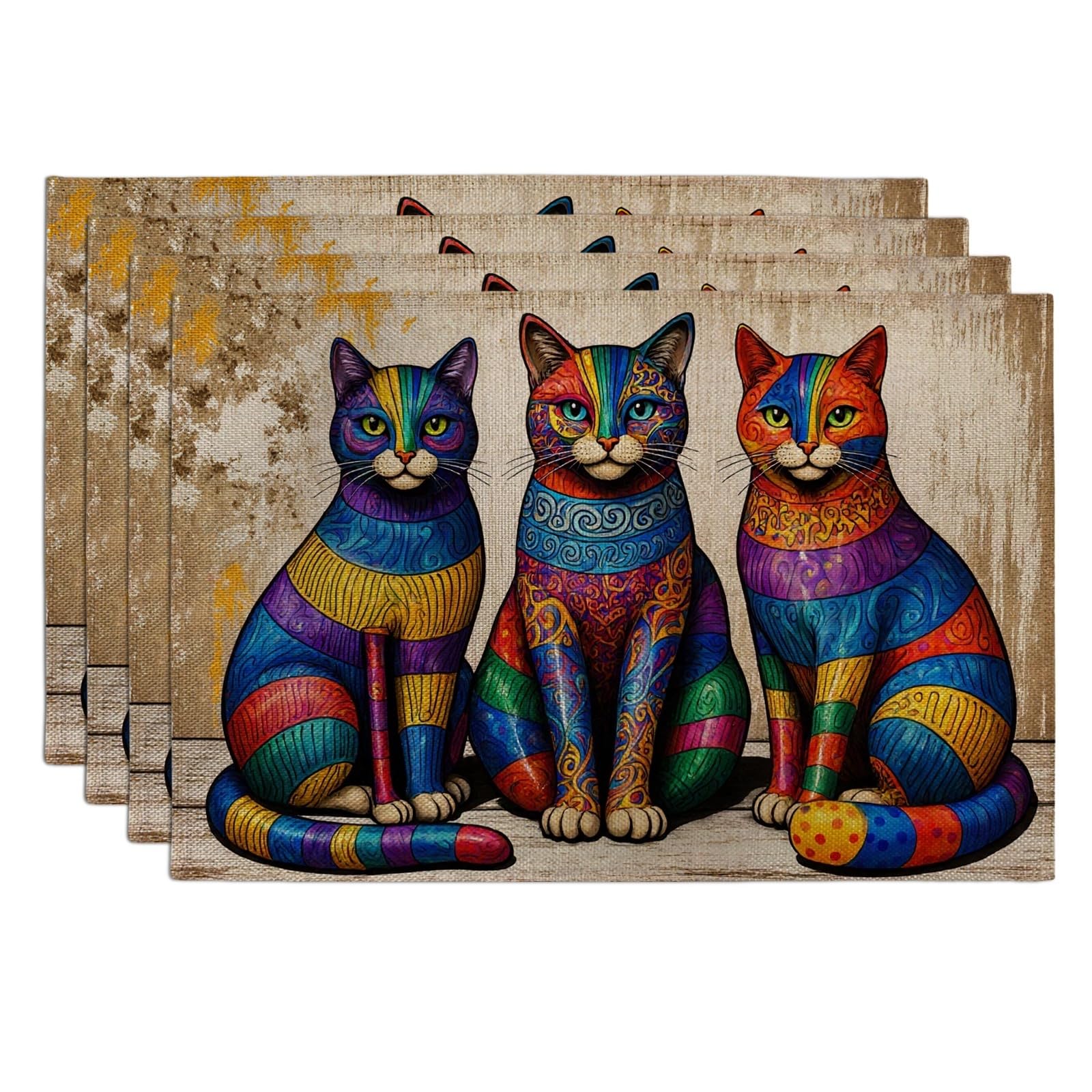 Colorful Cat Placemats, Artistic Animal Place Mats for Dining Table, Fun Decorative Non-Slip Washable Indoor Outdoor Kitchen Party Placemat Set of 4