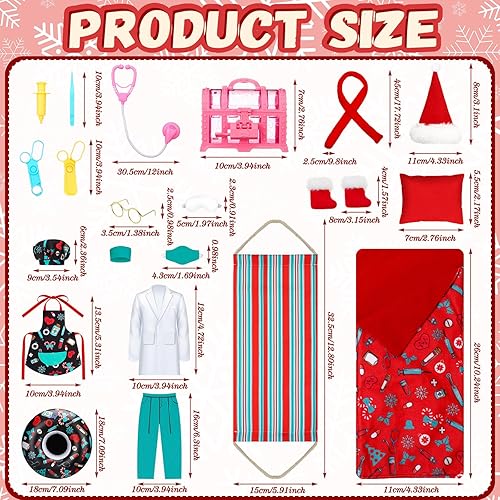 Miniatura 9 de Juego de 13 piezas de accesorios de muñeca elfo de Navidad, ropa de elfo en ropa, dona, traje de dona, bufanda, saco de dormir, suéter, albornoz,