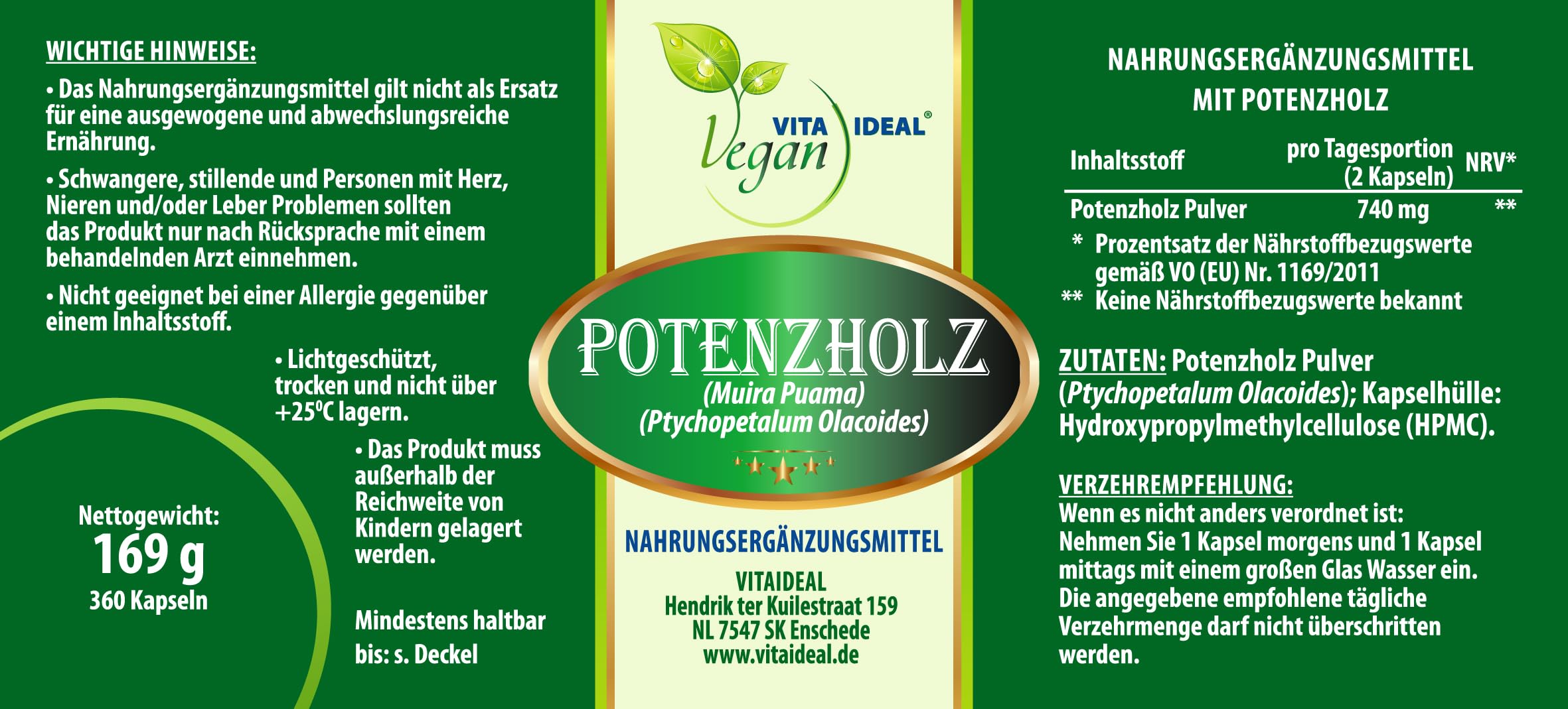 VITA IDEAL Vegan® POTENZBAUM 2x 360 KAPSELN - Muira puama - Potenzholz - Ptychopetalum olacoides - Tagesportion 740mg - POTENZ - HOLZ reines Pulver. Pflanzlich, natürlich & ohne Zusatzstoffe.