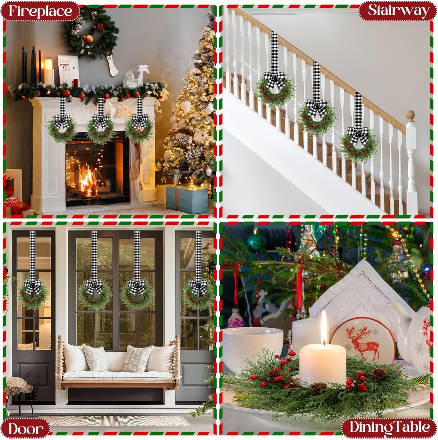 8 Pcs 9'' Small Christmas Kitchen Cabinet Wreaths with Plaid Bow Ribbon Mini Hanging Christmas Wreath Artificial Greenery Wreath for Cabinet Front Porch Wall (Black White Buffalo Plaid)
