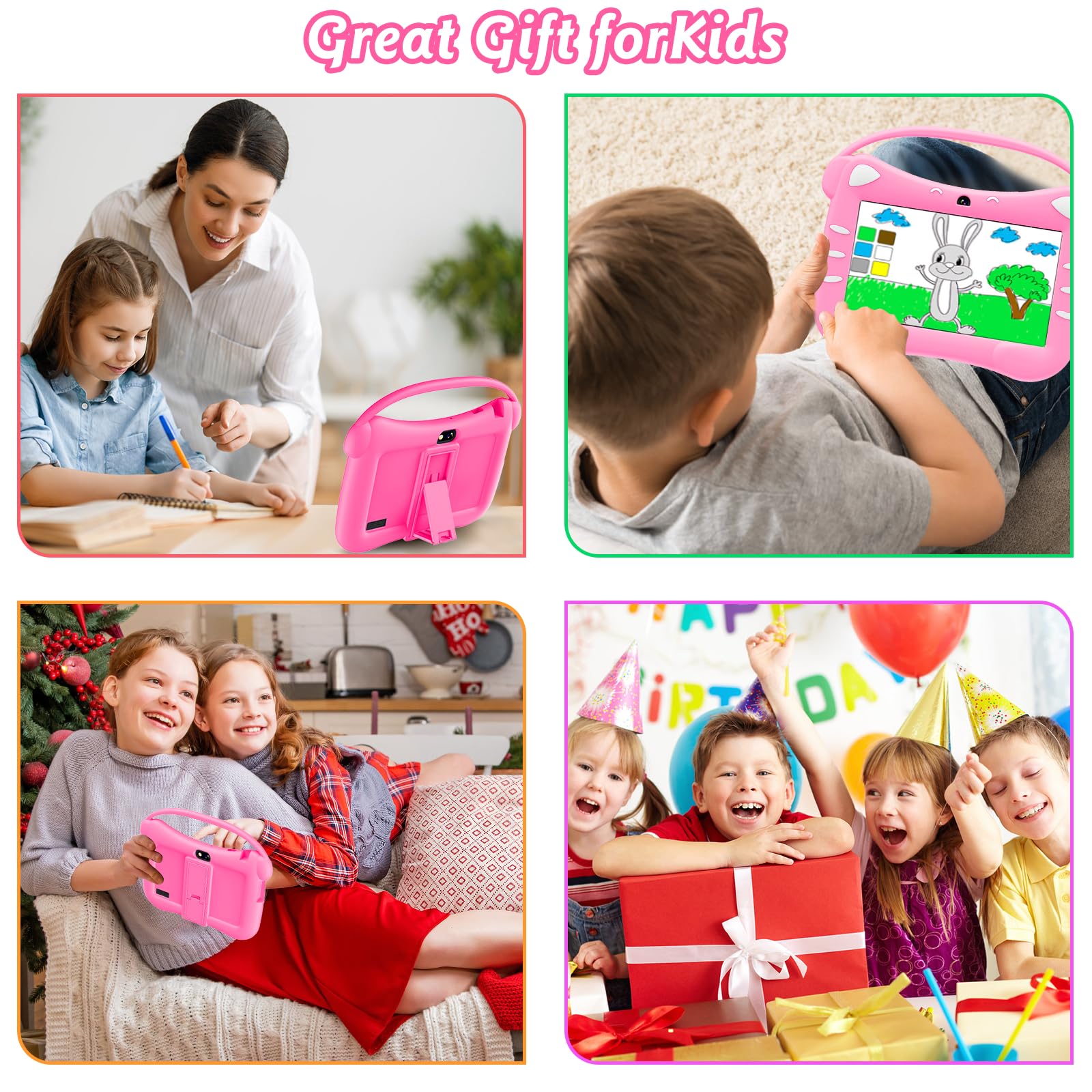 Tablet para Niños 7 Pulgadas Android Tableta Infantil con WiFi Bluetooth Doble Cámara Control Parental 32GB ROM Tablet Niños con Estuche Protector (Magenta)
