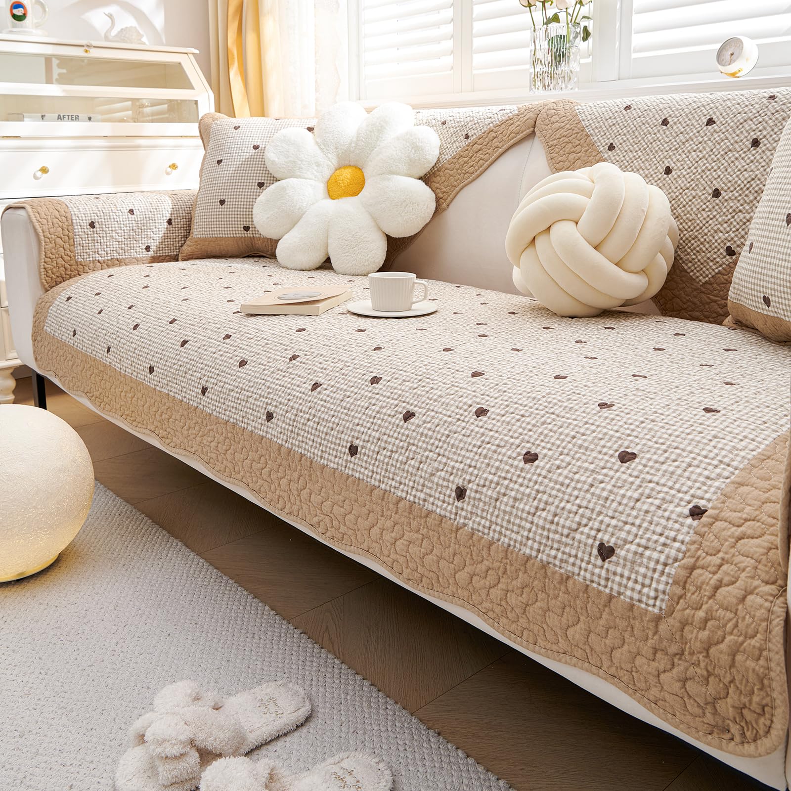 vctops Farmhouse Buffalo Check Plaid Cotton Sofa Couch Cover Patchwork Quilted Sectional Couch Covers Non-Slip Soft Sofa Slipcover Washable Furniture