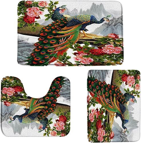 Miniatura 2 de 3 unidsset de alfombras de baño de flores de pavo real, hermosa peonía de pájaro floral, decoración de plantas florales, tapete de baño con brida de