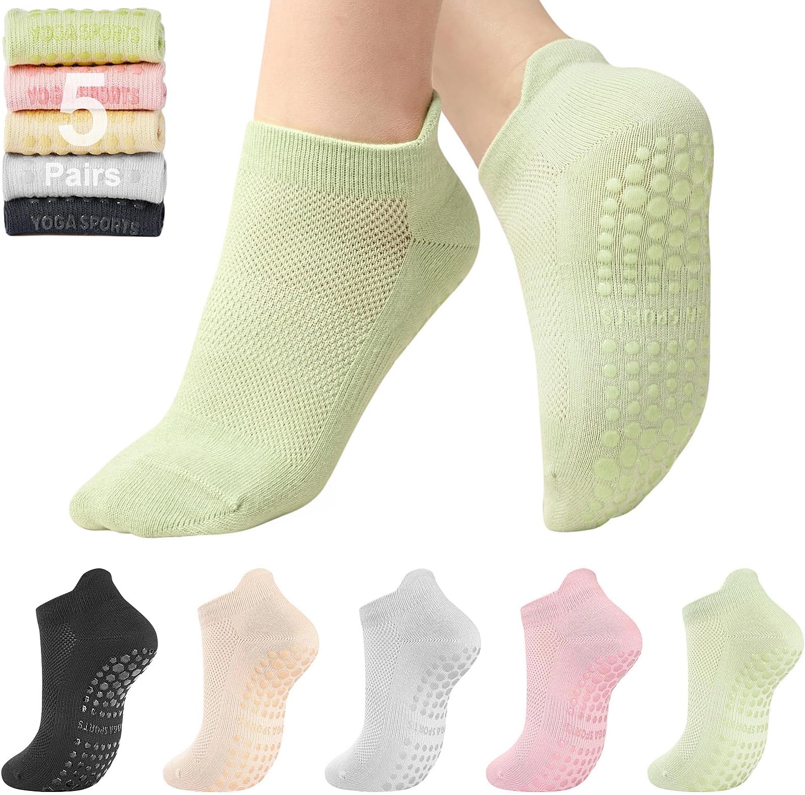 Toes HomePilates Socks for Women, Ankle Grippy Socks for Yoga, Hospital, Barre Non Slip Workout Sticky Slipper Socks 5 Pairs