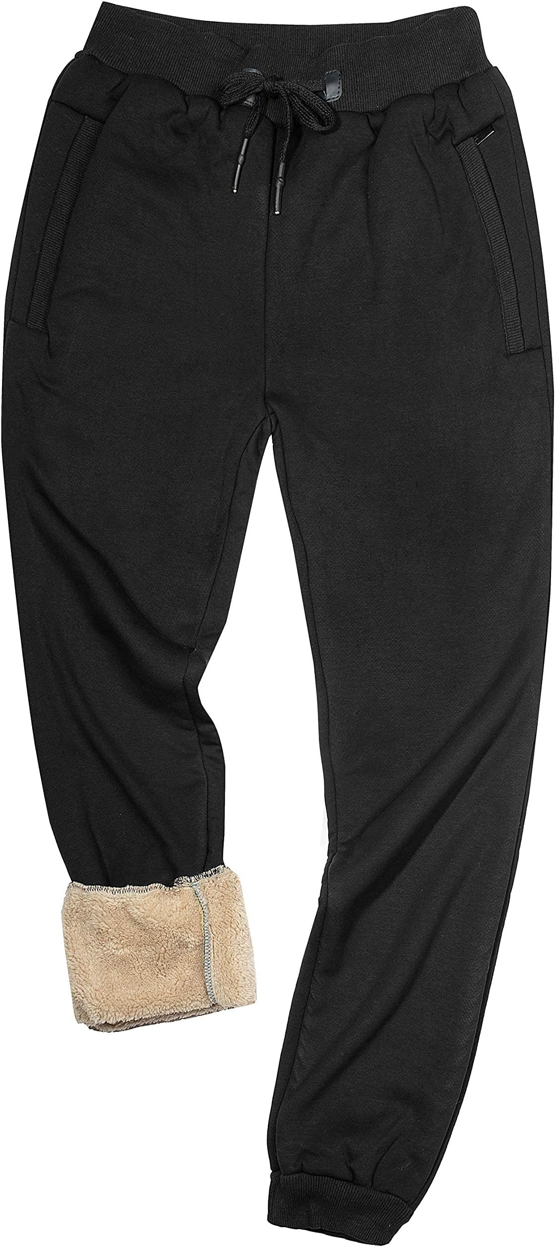 Mens Winter Warm Sherpa Lined Active Thermal Jogger Fleece Sweatpants Pant, 1 Black-ribbed Cuff, XXL