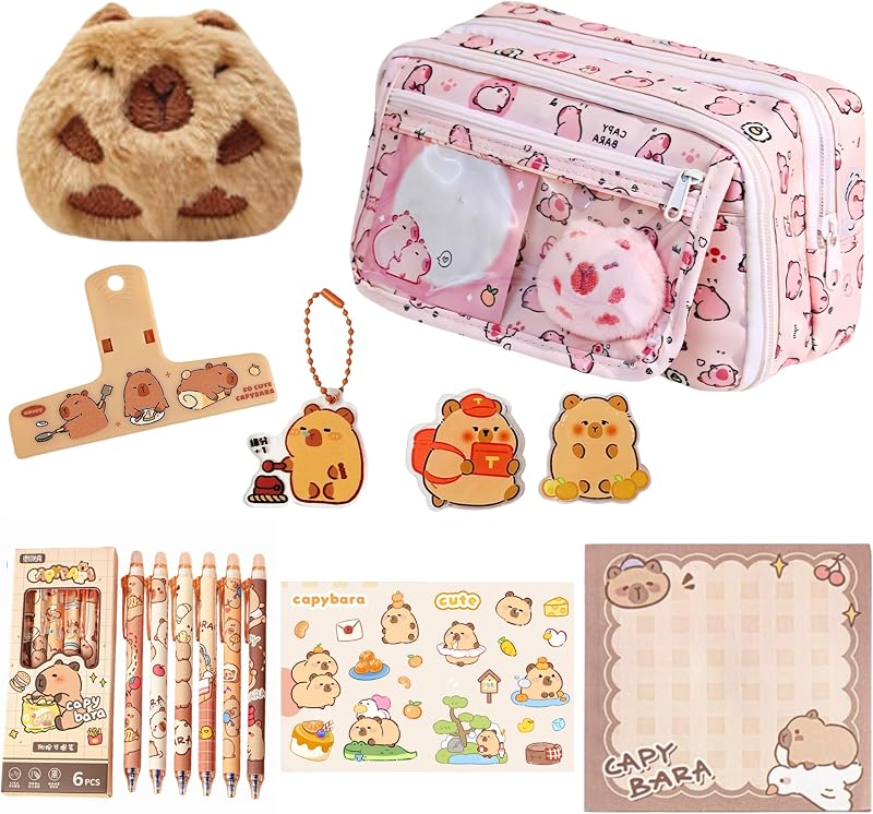 Necessaire de maquiagem IN Chenthy com kit de papelaria e acessórios de capivara, estampa rosa
