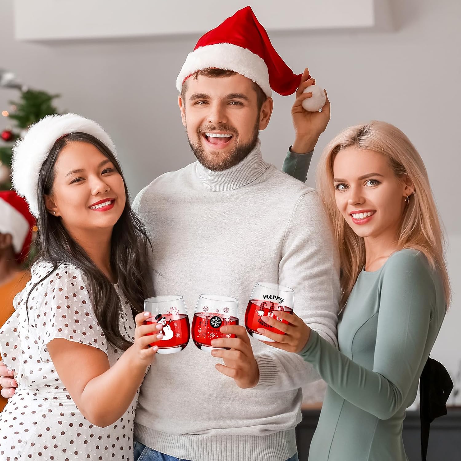 Zhehao 12 Pcs Plaid Joy Christmas Wine Glass 12oz Xmas Patterns Stemless Wine Glass Christmas Themed Drinking Cups Xmas Party Gift for Party Event Hand Wash Only Holiday Gift for Lovers - Image 7