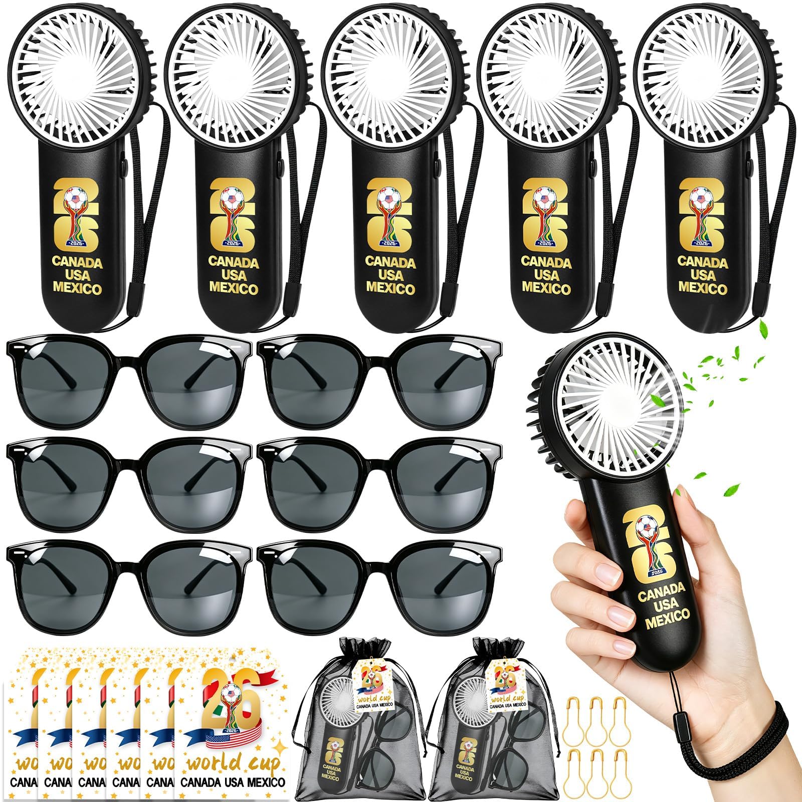 WIURGOHA 2026 Soccer Portable Fan Set – 6 Pack Mini Fans Bulk with Lanyard, Sunglasses, Cards, Hanger & Gift Bags – Game Day Outdoor Party Favors for World Soccer Lovers(Batteries Not Included)
