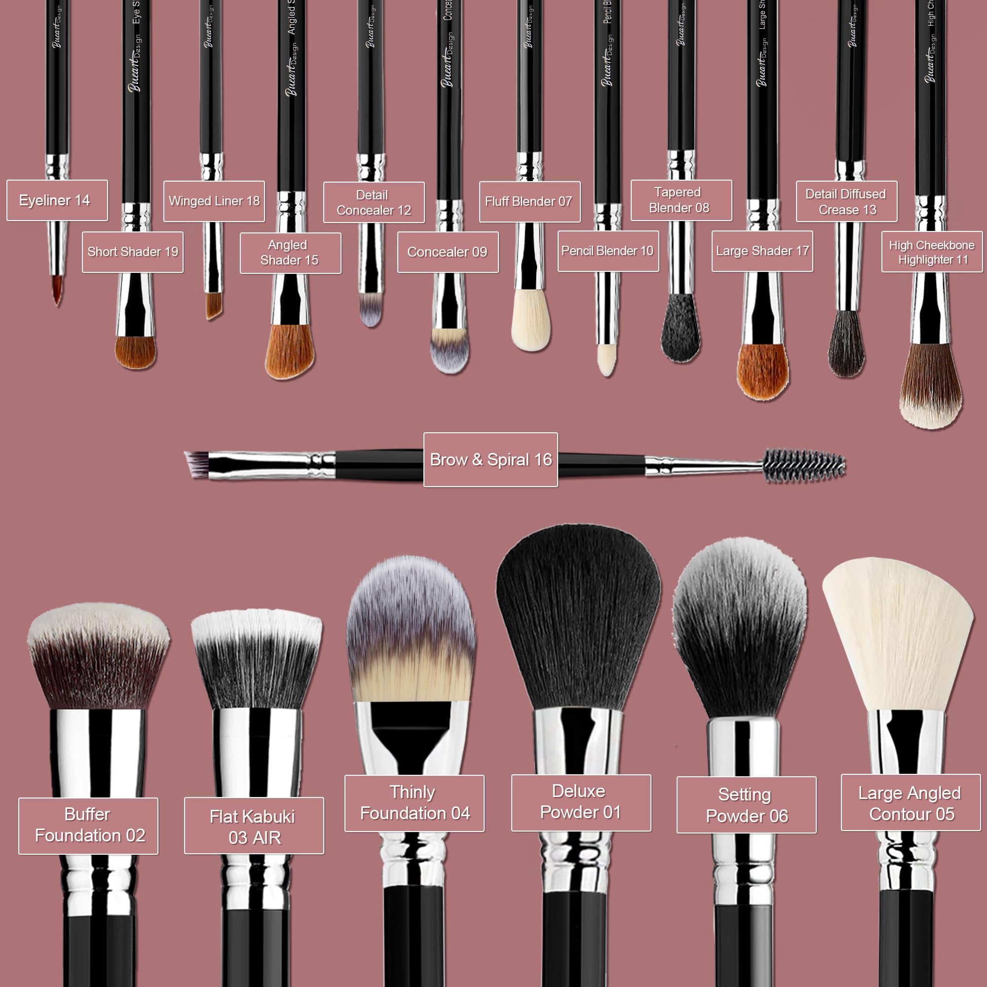 Bueart Design Lot de 19 pinceaux de maquillage professionnels avec étui de support, poils doux végétaliens sans cruauté envers les animaux pour fond de teint, estompage, fard à paupières Noir