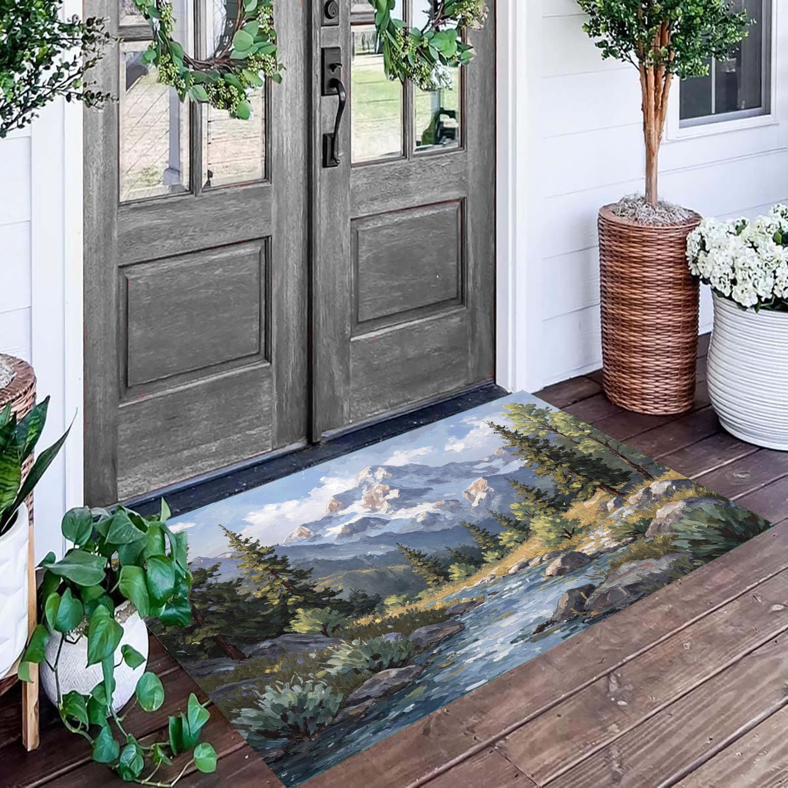 Fußmatte Innen 80x120cm, Bergwälder Bäche rutschfeste Fußmatte für den Innenbereich, Retro-Schneelandschaft Fußabtreter Türmatte wasserabsorbierende Schmutzfangmatte, Türkis