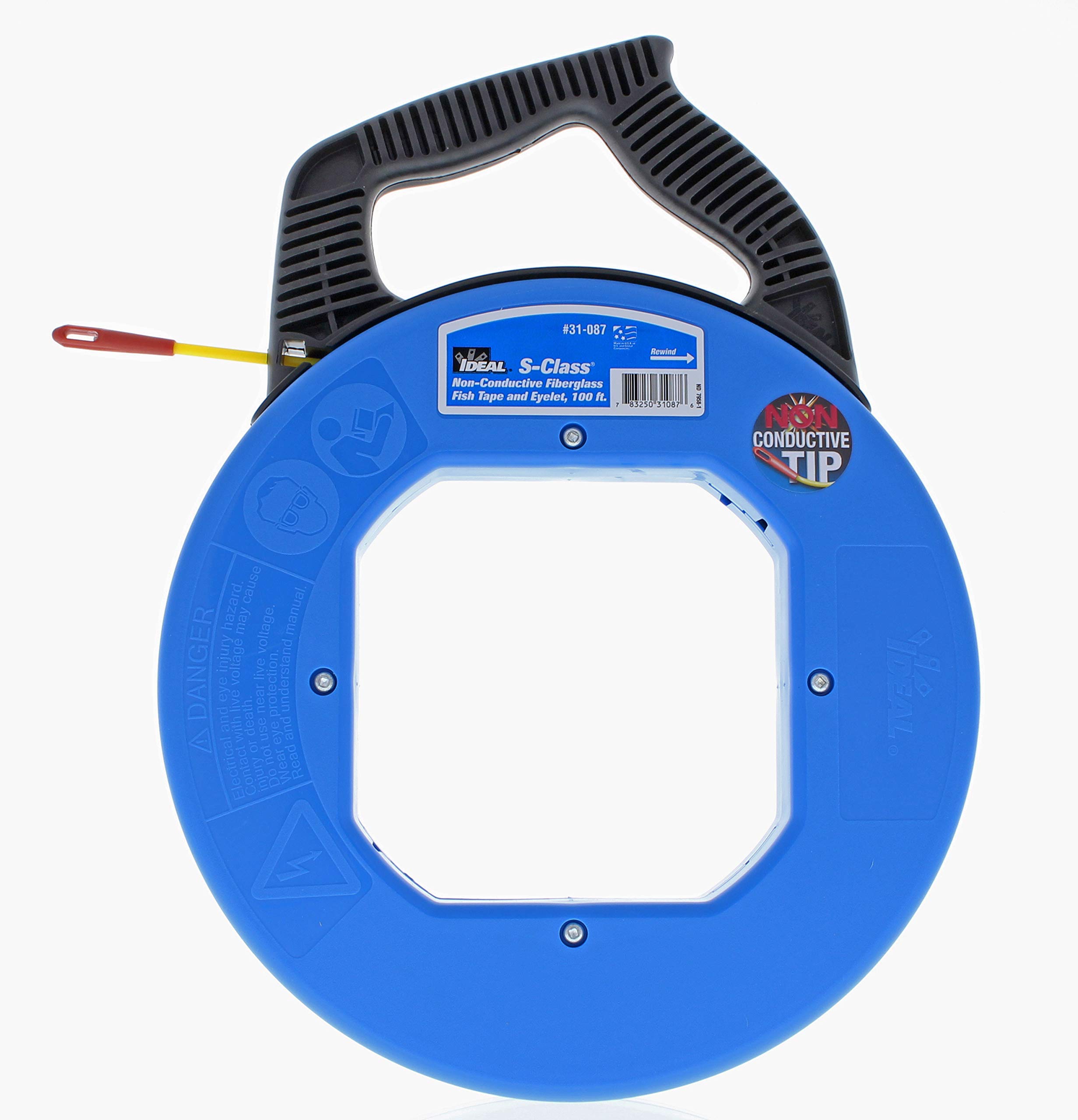 IDEAL Electrical 31-087 S-Class Fiberglass Fish Tape 3/16 in. x 100 ft., Non-Conductive Fishing Tape with 12 in. Non-Conductive Eyelet, Tuff-Grip Pro Case