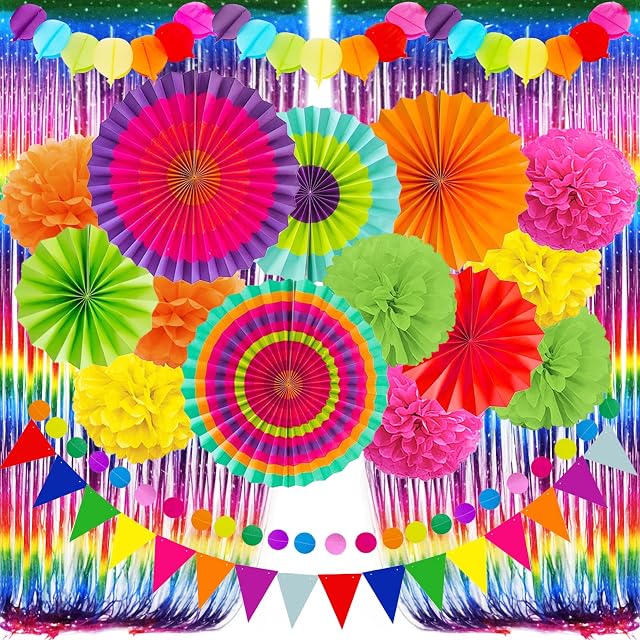 ZERODECO Fiesta Paper Fan Party Decorations Set, Multicolor Cinco De Mayo Pom Poms Pennant Garland String Banner Fringe Curtains Mexican Coco Carnivals Festivals Party Supplies