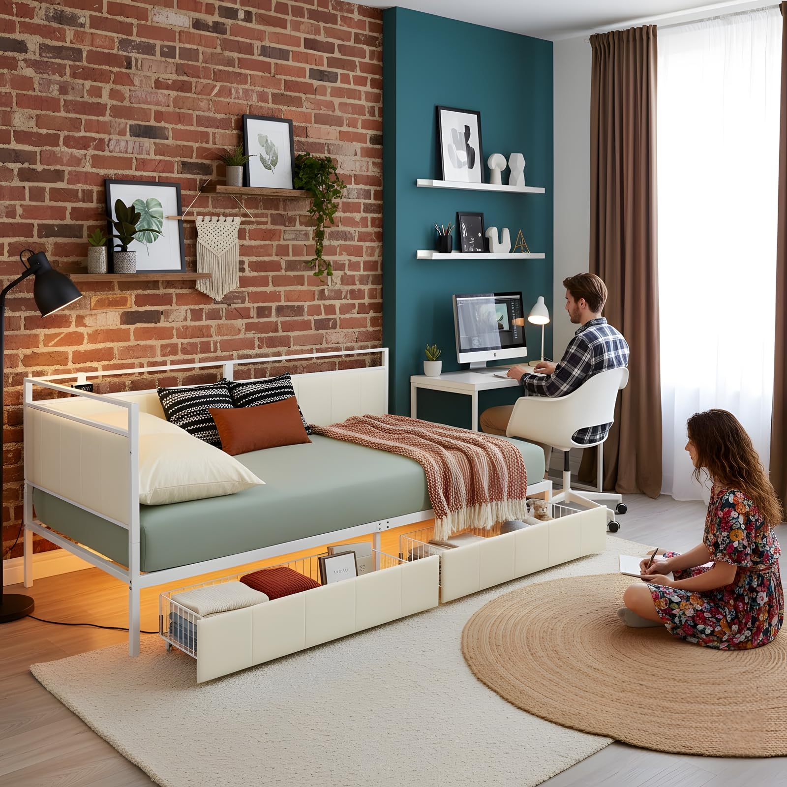 Letto Singolo Angolare con LED RGB, 2 Cassetti, Stazione Ricarica USB/Type C, Struttura Robusta in Metallo, Divano Letto con Doghe 90x200 cm, Salvaspazio per Camera Letto/Ospiti, Beige
