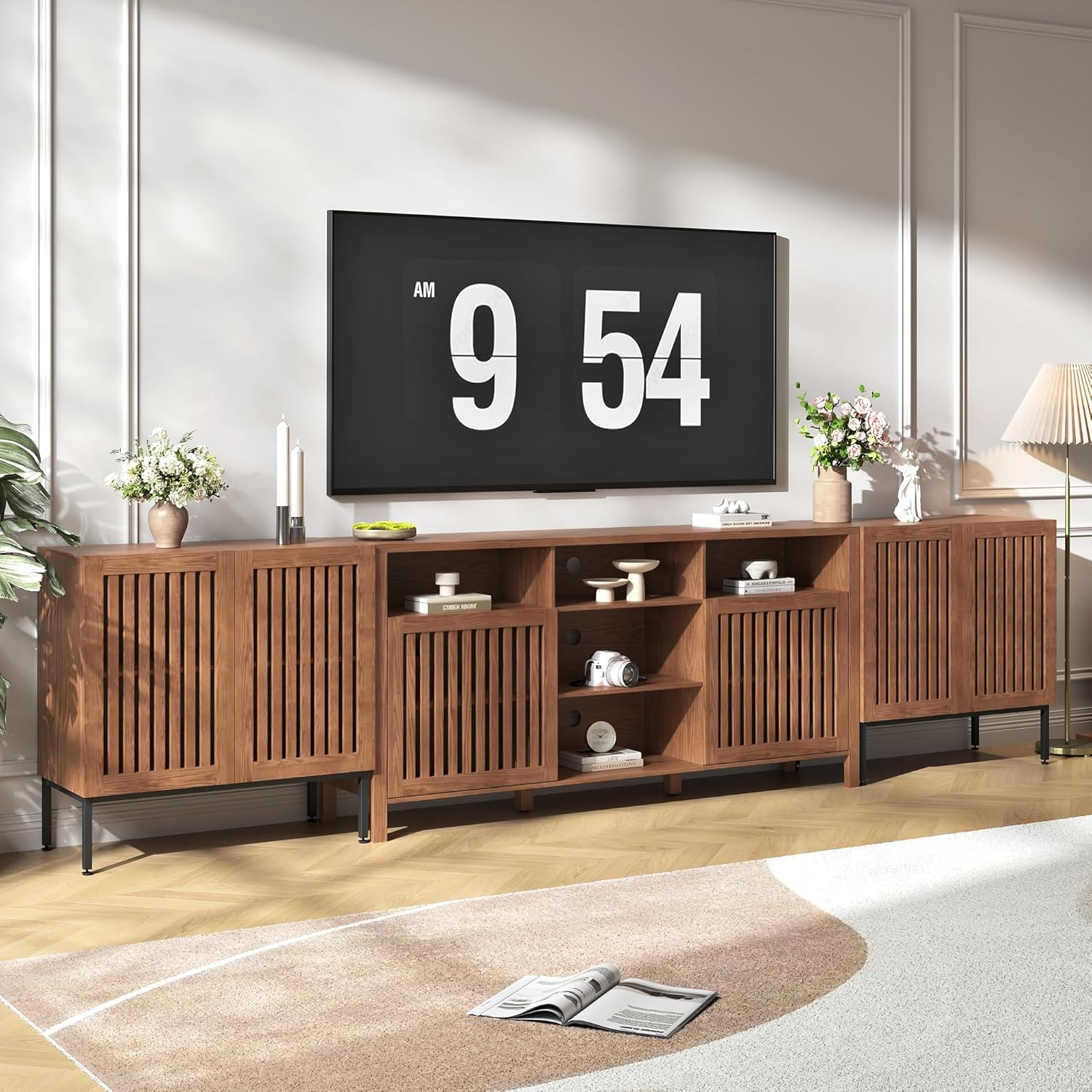 Farmhouse TV Stand for 100 inch TVs, Entertainment Center with Storage Cabinet,6 Door Media Console with Adjustable Shelves for Living Room, Rustic Brown