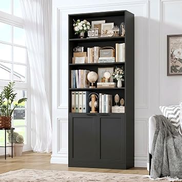FACBOTALL 73.5" Tall Bookcase and Book Shelf, Deep Bookshelf with Doors, 6 Tier Bookcase with Storage, Open and Display Bookshelf Organizer for Living Room, Home Office, Black