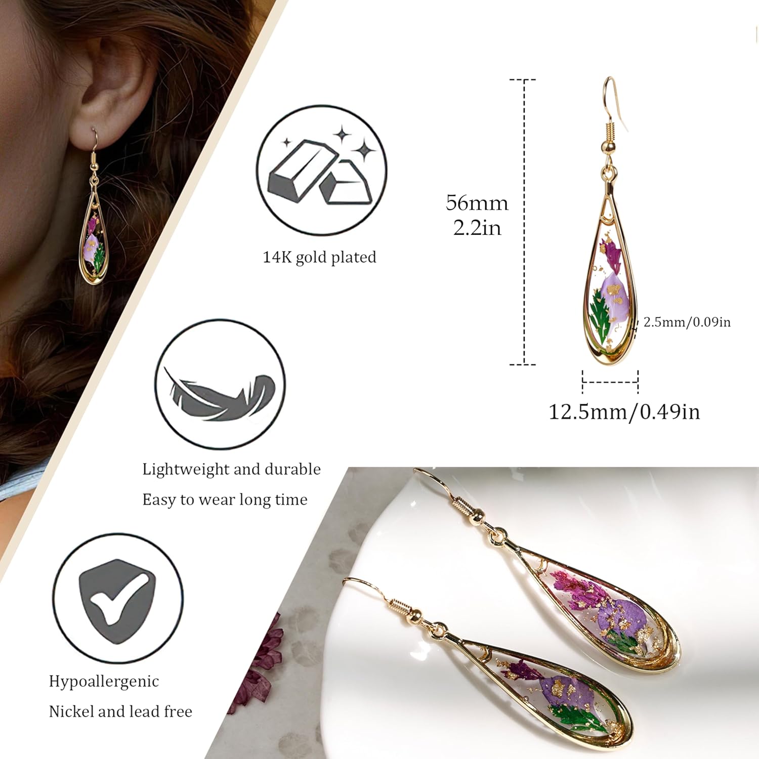 Gold Flower Dangle Drop Earrings for Women, Hypoallergenic Lightweight 18K Gold Plated Earrings, Tear Drop Gold Foil & Dried Flower Summer Earrings Jewelry for Women - Image 5