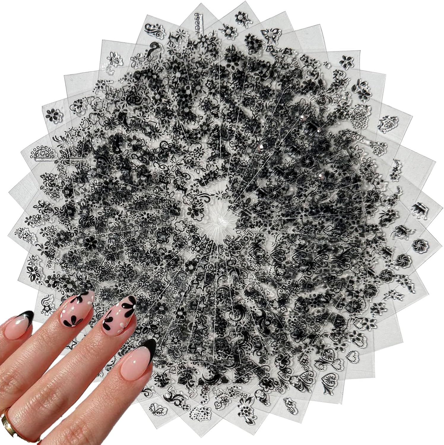30 Sheets Black Flower Nail Stickers Black Butterfly Nail Art Stickers 3D Self-Adhesive Hearts Nail Designs Leaves Floral Daisy Summer Nail Art Decoration for Women Girls DIY