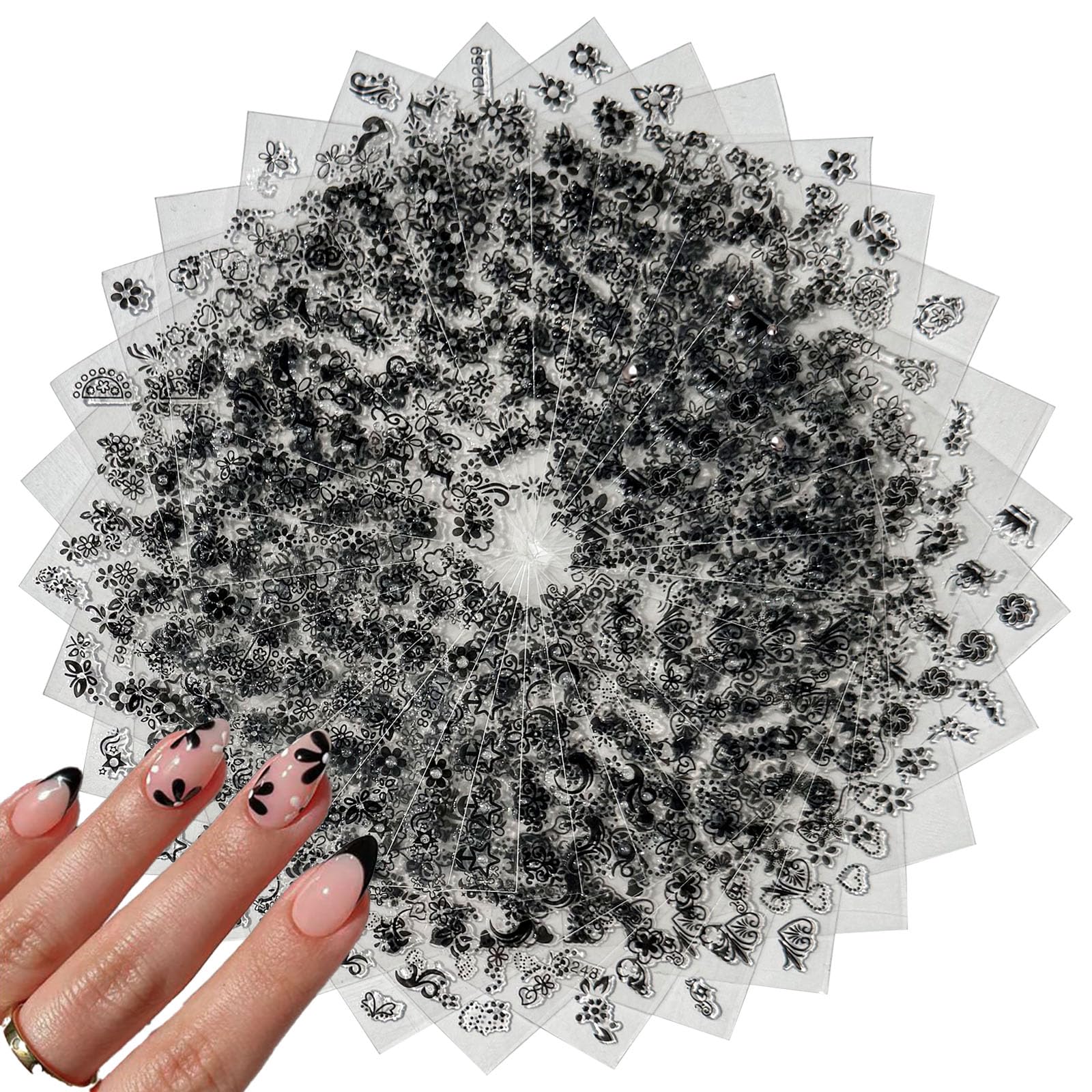 30 Sheets Black Flower Nail Stickers Black Butterfly Nail Art Stickers 3D Self-Adhesive Hearts Nail Designs Leaves Floral Daisy Summer Nail Art